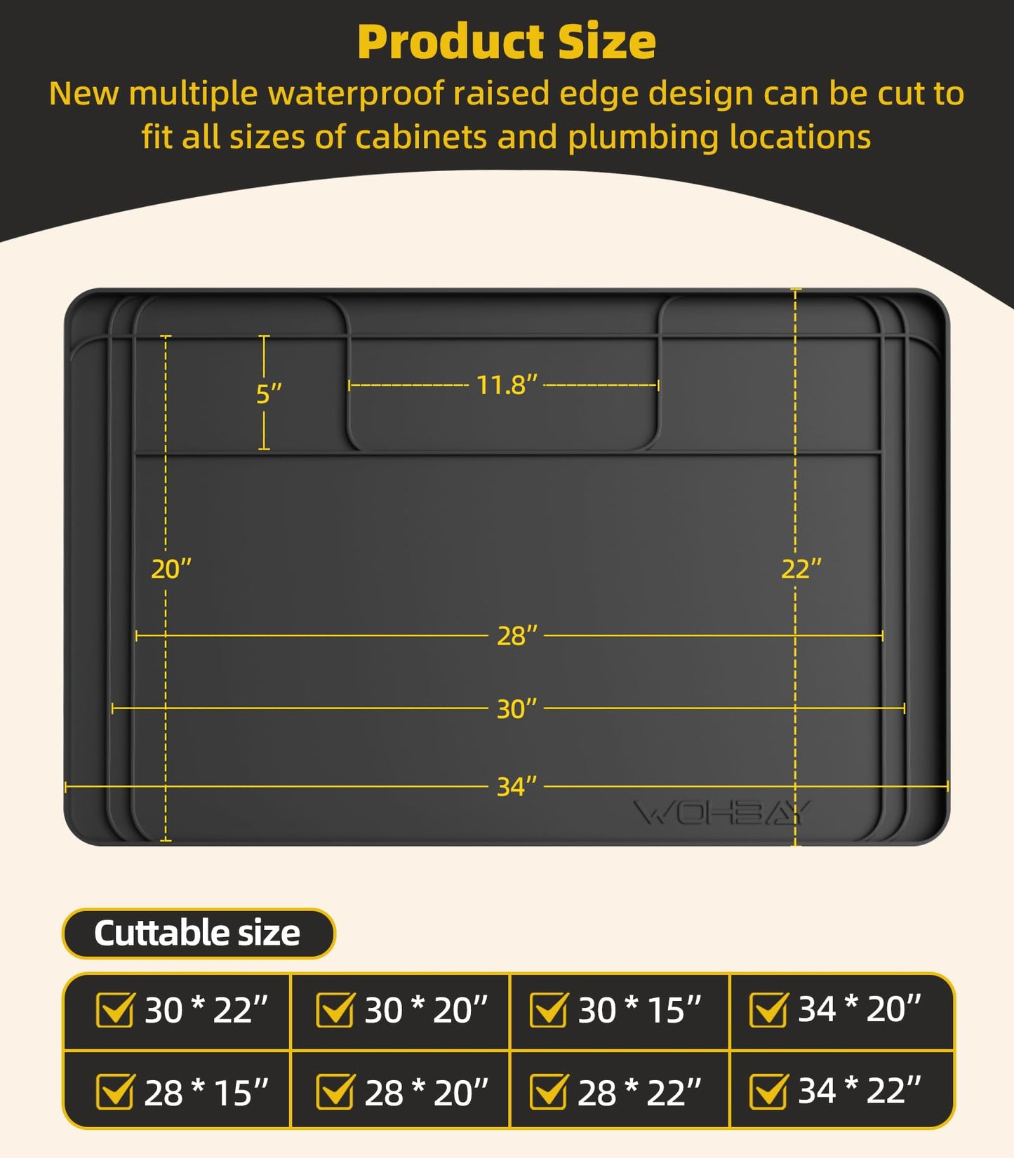 Under Sink Mats for Kitchen Waterproof, 34" X 22" Or Smaller Cut to Fit Under Sink Drip Tray for Kitchen Bathroom Cabinets