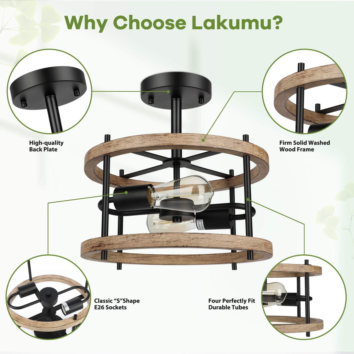 Lakumu 2-Light Retro Semi Flush Mount Ceiling Light Fixture, Rustic Vintage Wood Ceiling Light Black Metal, Industrial Farmhouse Ceiling Lamp