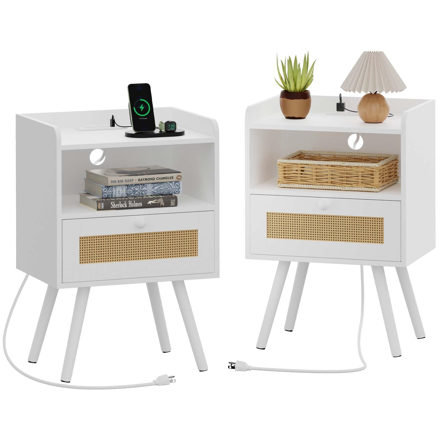 SUPERJARE Nightstands Set of 2, Night Stands with Charging Station & PE Rattan Decor Drawer, Bed Side Tables with Solid Wood Feet, End Table, for Bedroom, Living Room - Natural