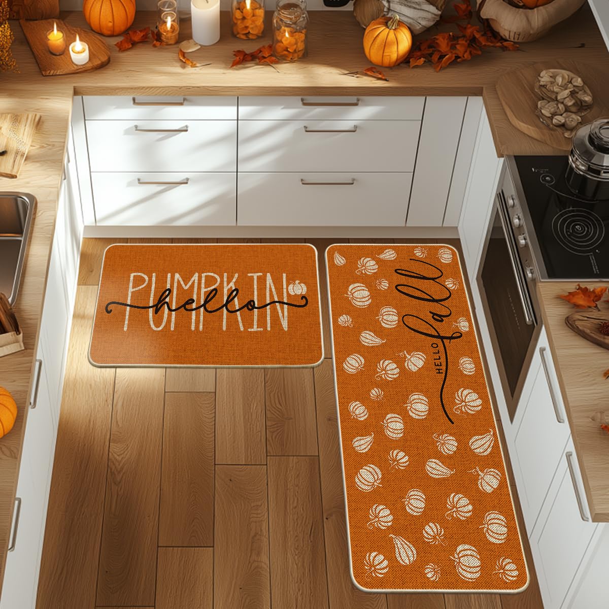 Artoid Mode Orange Hello Pumpkin Fall Kitchen Mats Set of 2, Autumn Home Decor Low-Profile Kitchen Rugs for Floor - 17x29 and 17x47 Inch