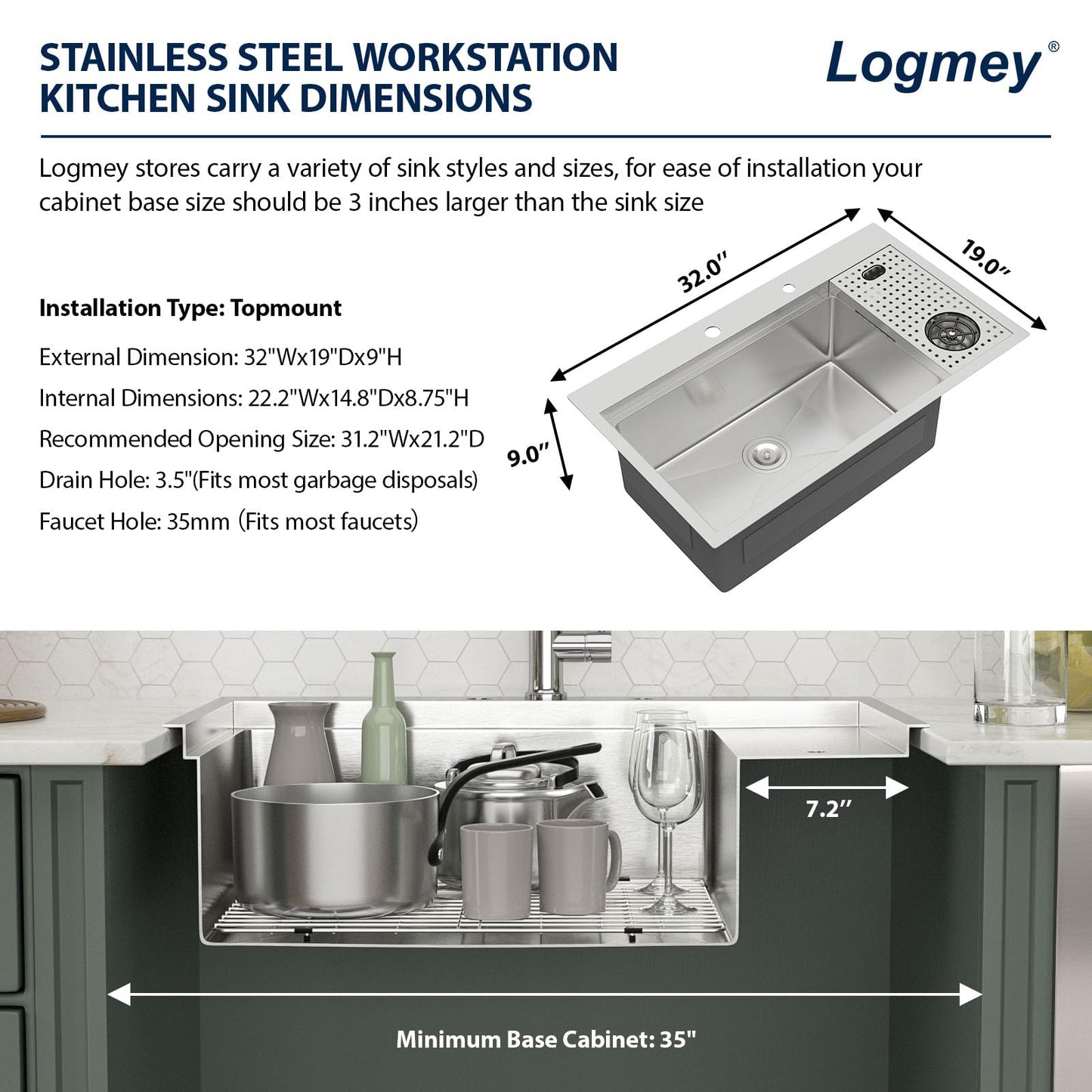 Logmey 33x22 Drop In Kitchen Sink Workstation Black Kitchen Sink SUS304 16 Gauge Stainless Steel Single Bowl Top Mount Gunmetal Black Stainless Steel Sinks