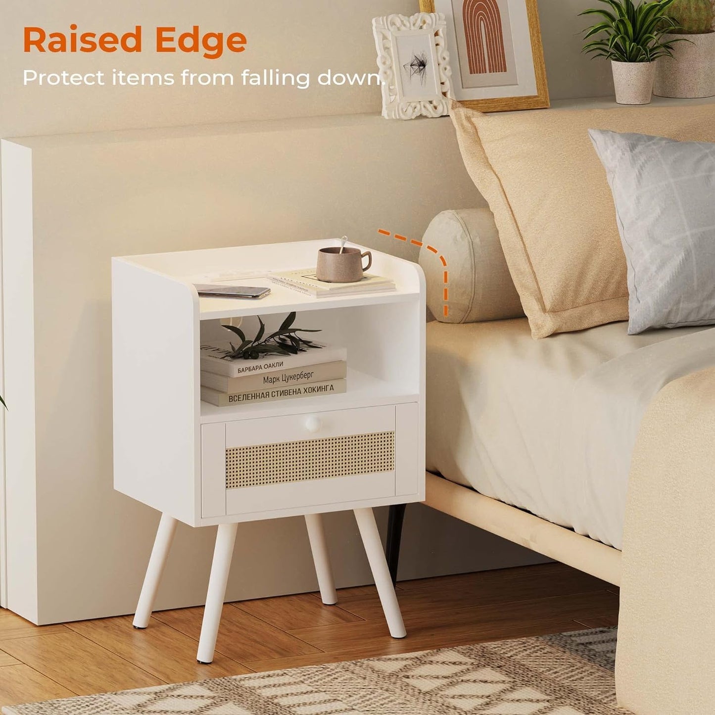 SUPERJARE Nightstands Set of 2, Night Stands with Charging Station & PE Rattan Decor Drawer, Bed Side Tables with Solid Wood Feet, End Table, for Bedroom, Living Room - Natural