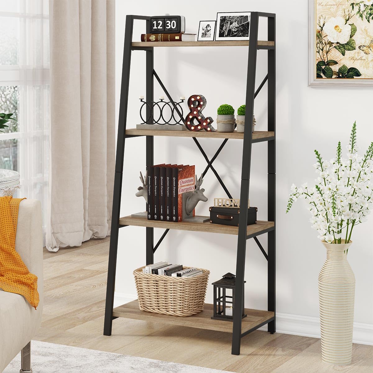 BON AUGURE Ladder Bookshelf, 4 Tier Ladder Shelf Bookcase, Wood Leaning Book Shelves for Living Room, Bedroom, Home Office Shelving Unit (Dark Grey Oak)