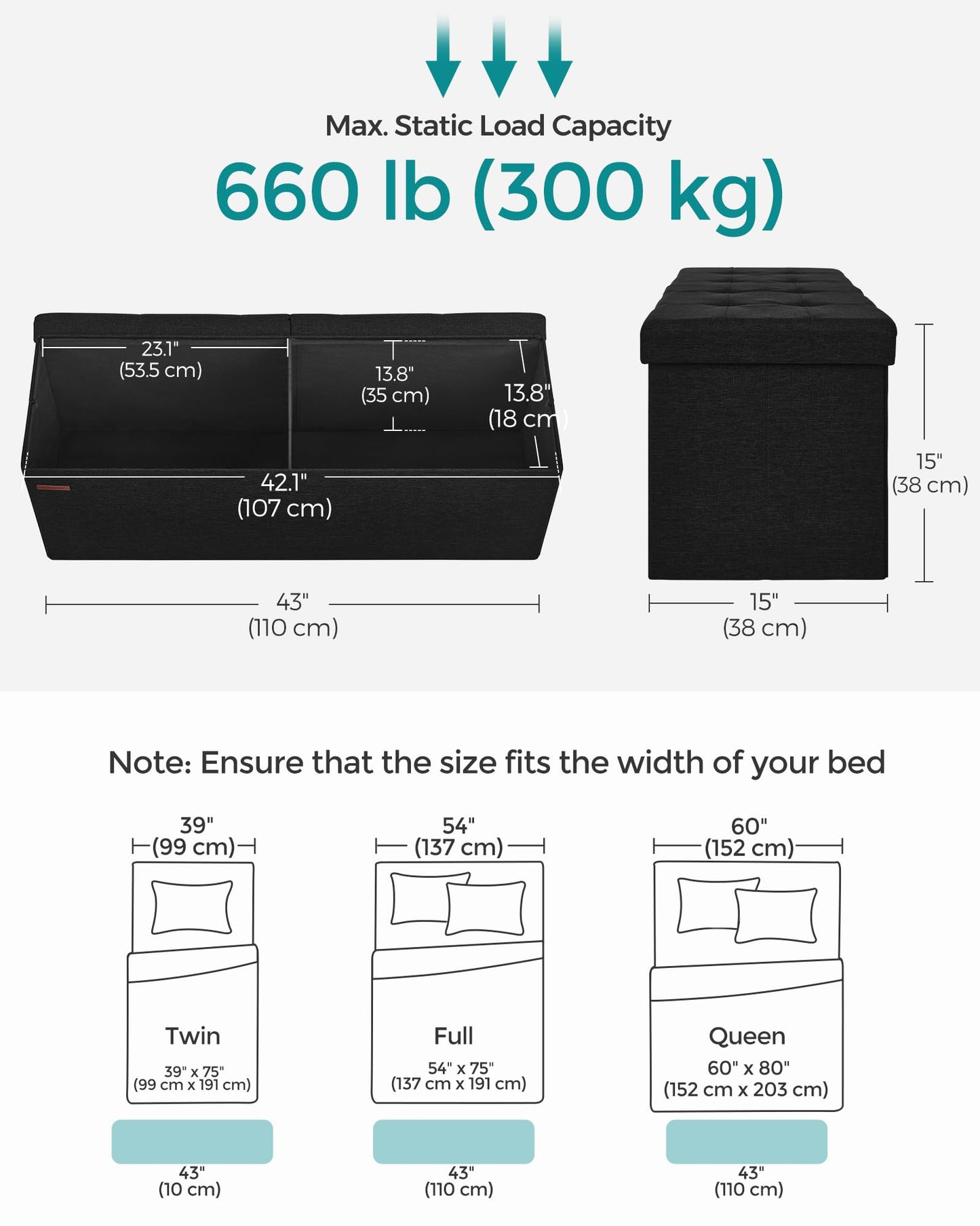 SONGMICS MAZIE Collection - 43 Inches Folding Storage Ottoman Bench, Ottoman Foot Rest, End of Bed Bench, Storage Chest, Load 660 lb, for Living Room, Bedroom, Entryway, Midnight Blue ULSF77IN