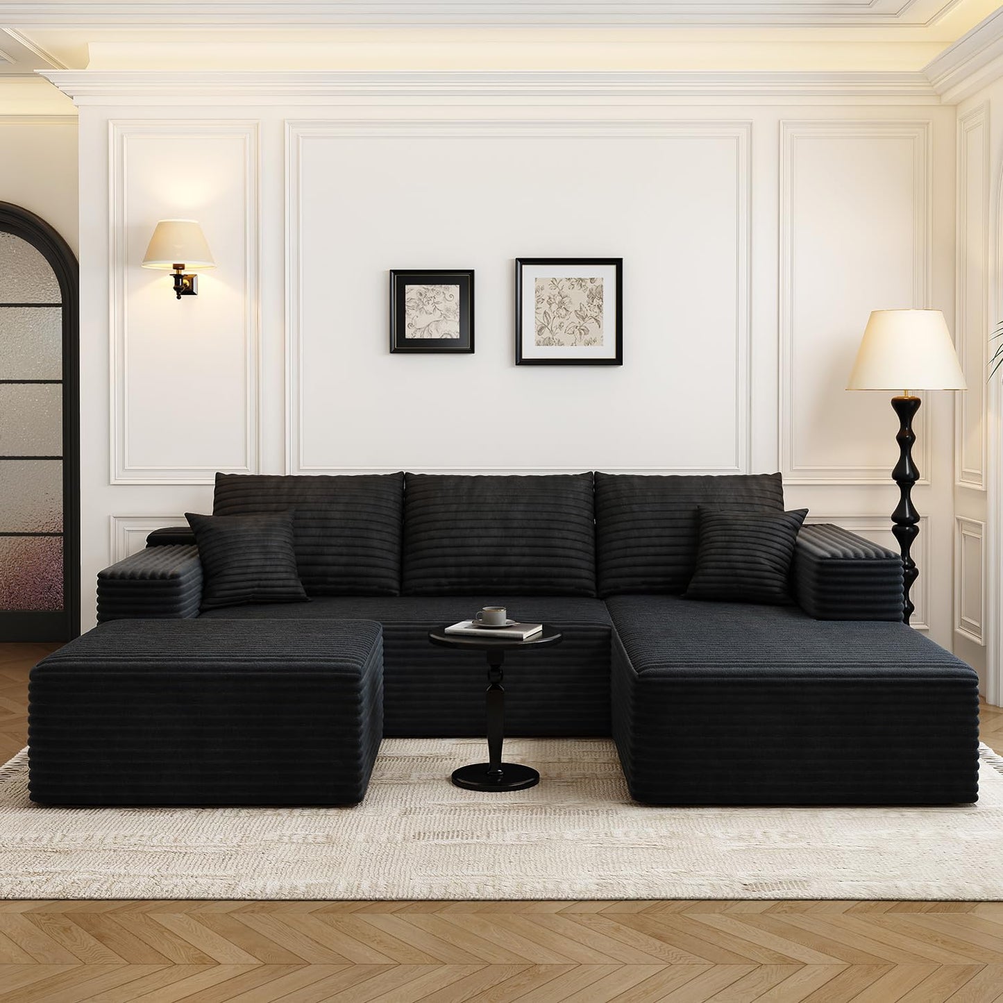 107.5" Cloud Modular Sectional Sofa with 1 Ottoman,Modern Minimalist Upholstered Couches, Comfort U Shaped Sofa for Living Room,Deep Seat Corner Couch,No Assembly Required (Black,Left Facing Chaise)