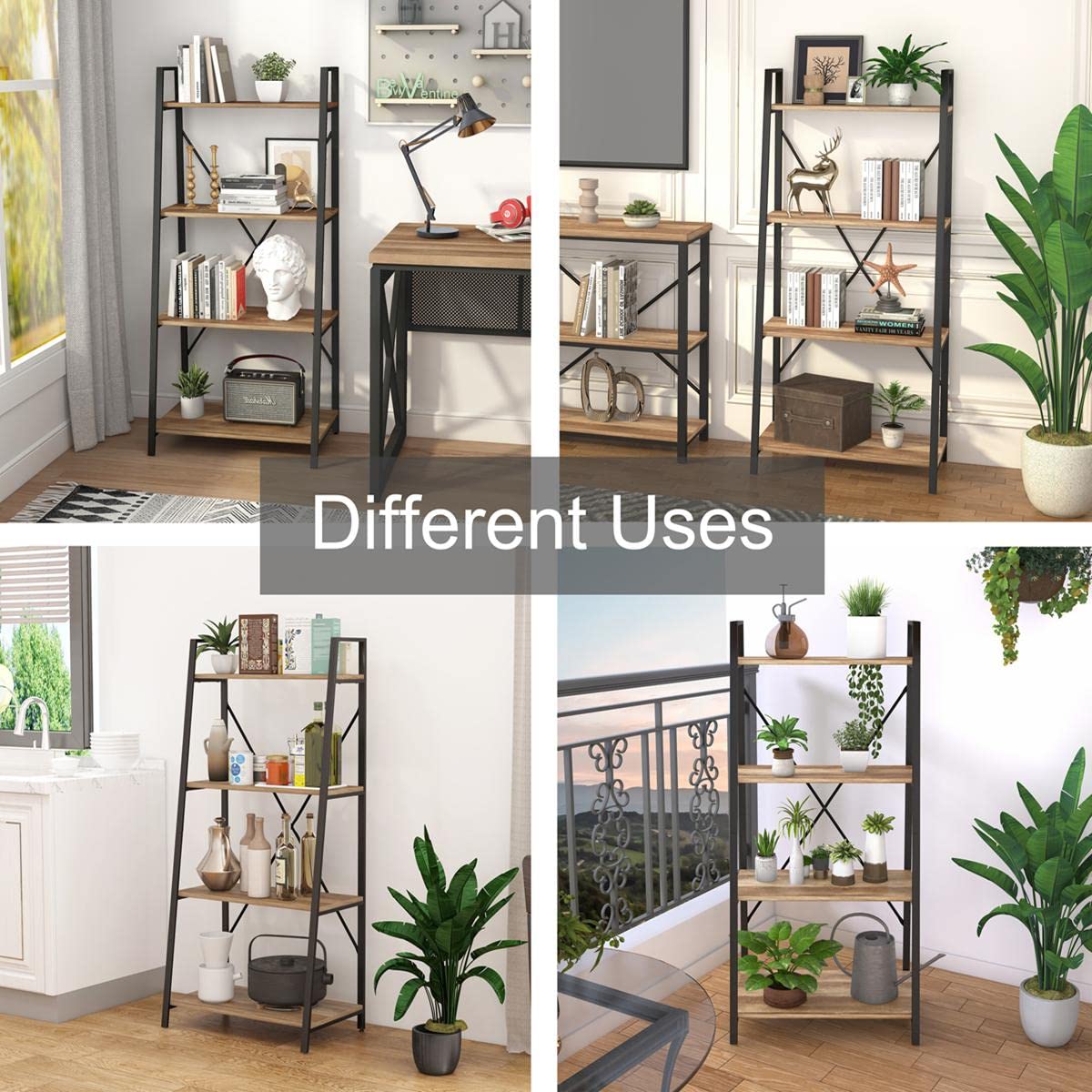 BON AUGURE Ladder Bookshelf, 4 Tier Ladder Shelf Bookcase, Wood Leaning Book Shelves for Living Room, Bedroom, Home Office Shelving Unit (Dark Grey Oak)