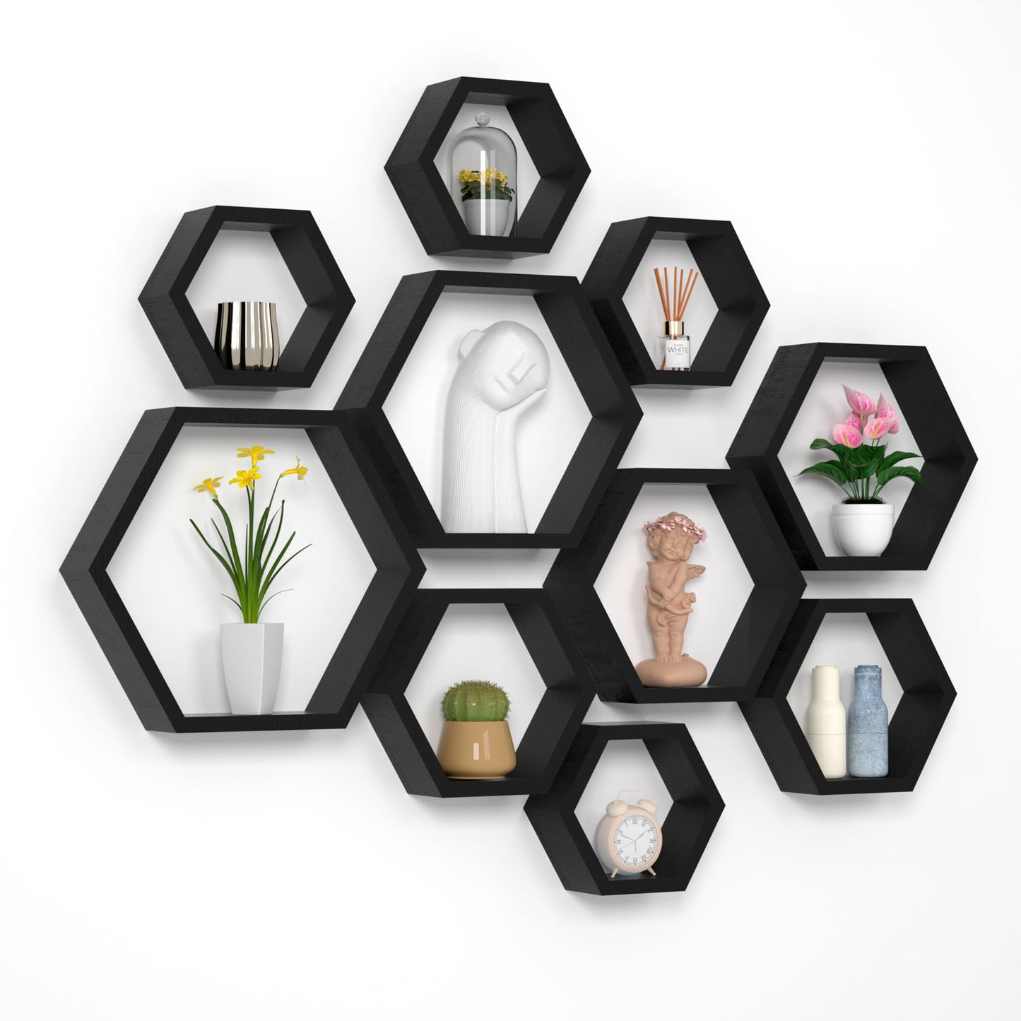 WONFUlity Hexagon Floating Shelves Honeycomb Shelves Wall Mounted Wood Farmhouse Storage Wall Shelf for Bathroom, Kitchen, Bedroom, Living Room,Driftwood Finish Decor, Black
