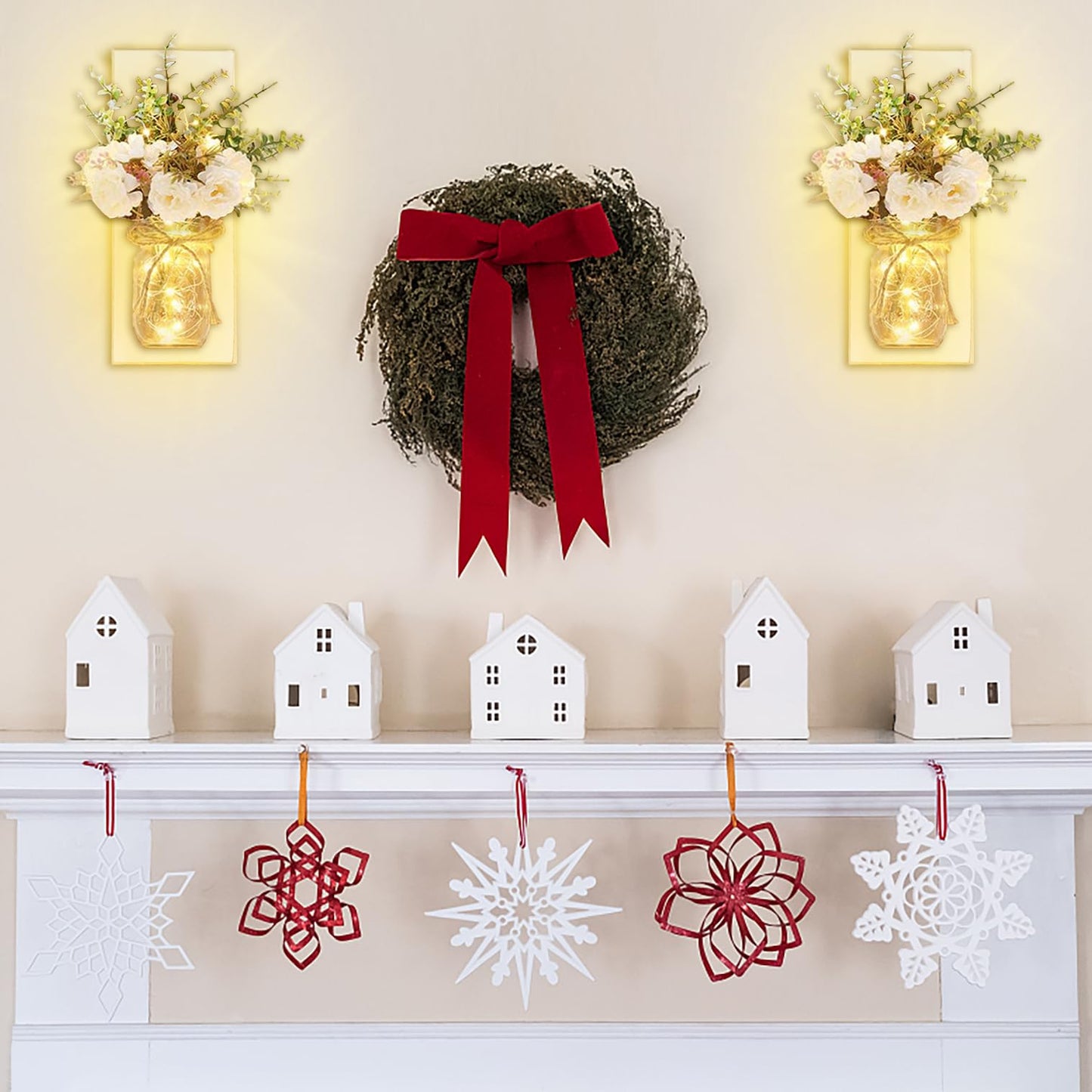 Rustic Wall Sconces Mason Jar Sconces Handmade Wall Art Hanging Design with Remote Control LED Fairy Lights and White Peony,Christmas Decor Gift Farmhouse Wall Home Decor Living Room Lights Set of Two