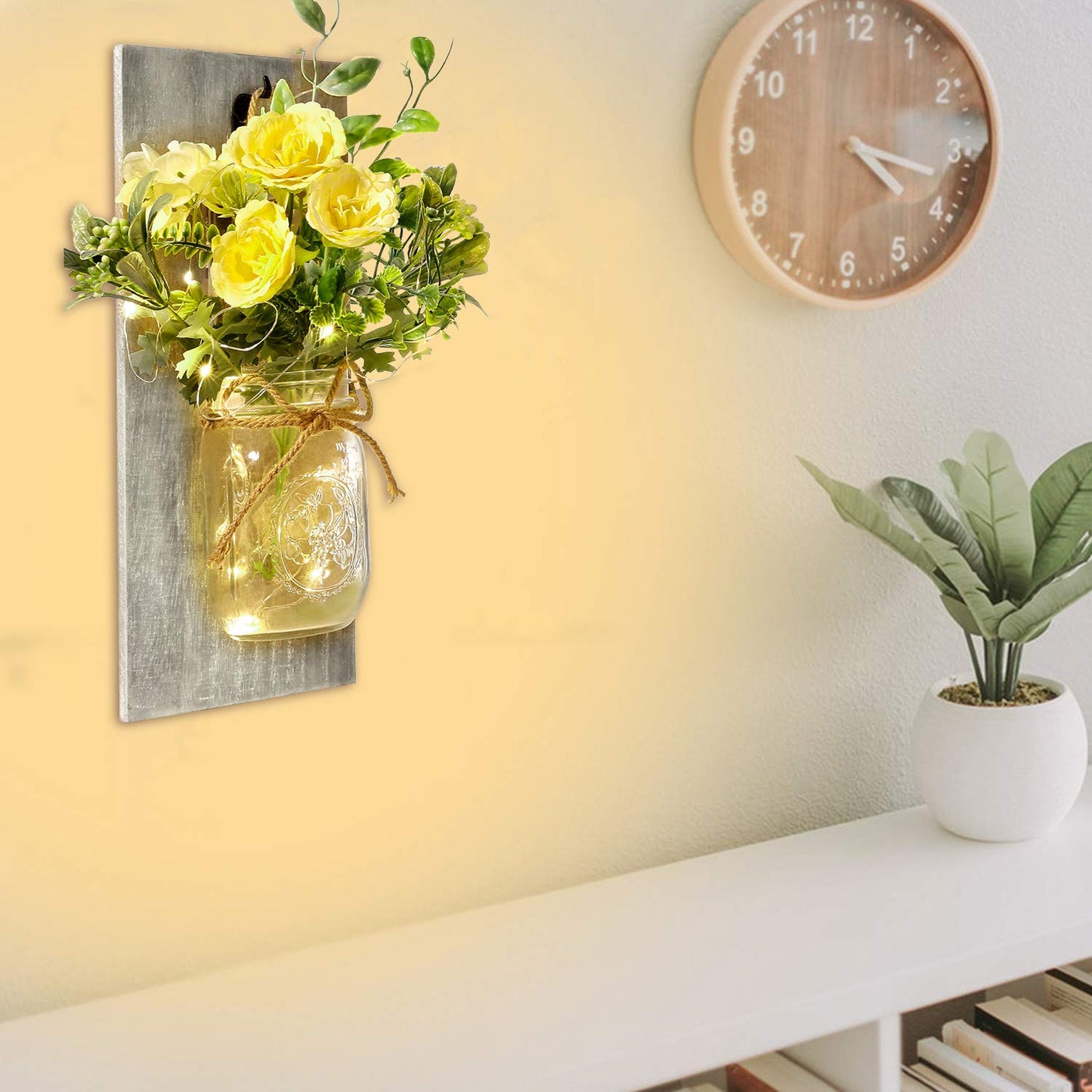 Rustic Wall Sconces Mason Jar Sconces Handmade Wall Art Hanging Design with Remote Control LED Fairy Lights and White Peony,Christmas Decor Gift Farmhouse Wall Home Decor Living Room Lights Set of Two