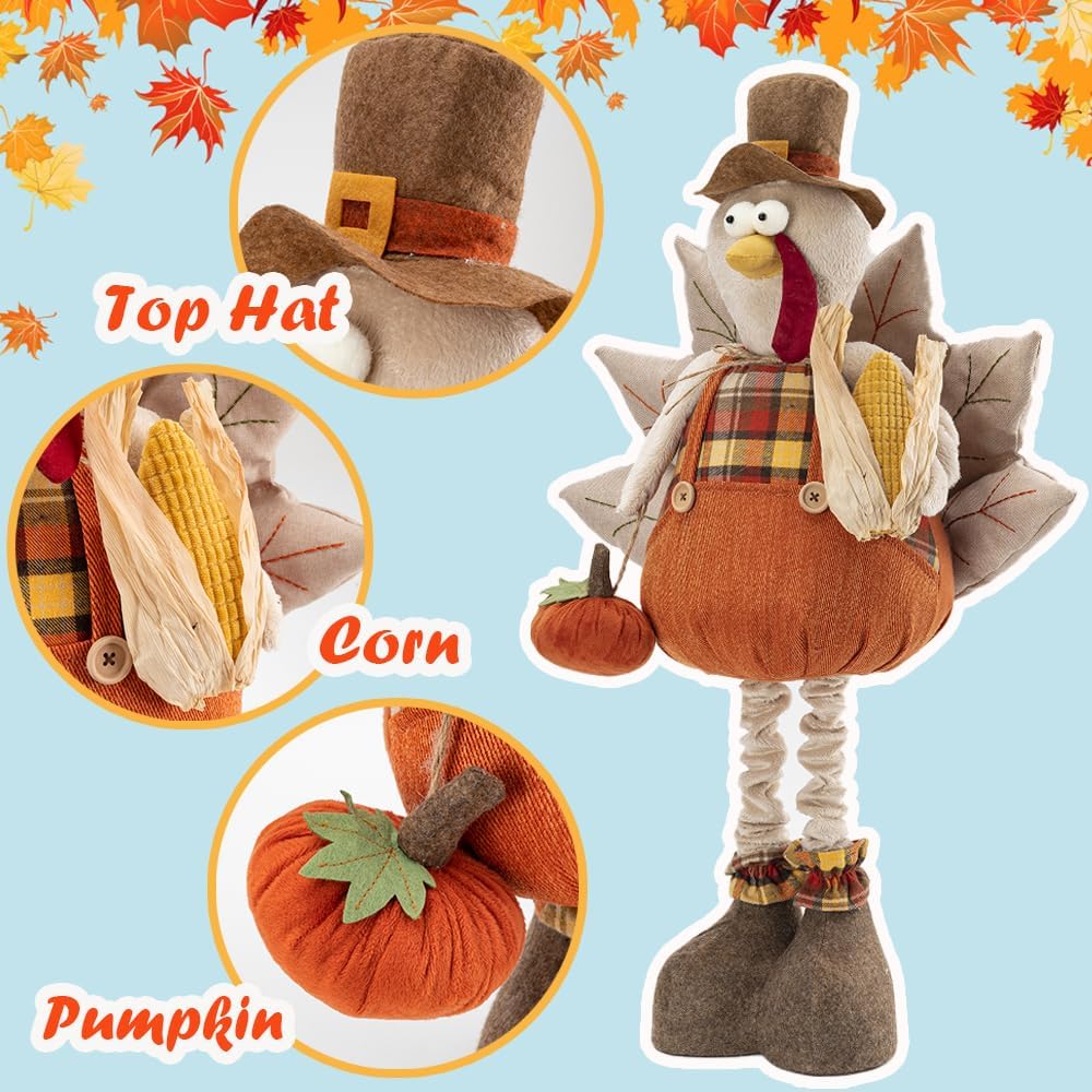 unanscre 22.5’’-36.5’’ Standing Thanksgiving Turkey Plush Decoration - Large Turkey Gnome w/Retractable Spring Legs Stuffed Doll Handmade for Autumn Harvest Ornaments, Home Farmhouse Fall Decor