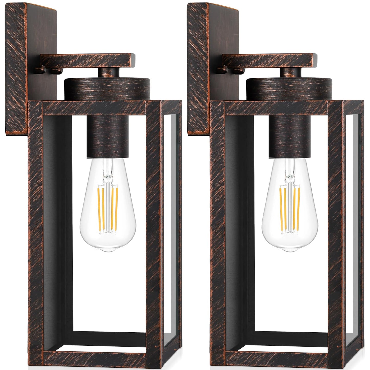 Outdoor Wall Light Fixtures, Exterior Waterproof Wall Lanterns, Porch Sconces Lighting with E26 Sockets & Glass Shades, Modern Matte Black Outside Lights for Patio Front Door Entryway Garage, 2-Pack