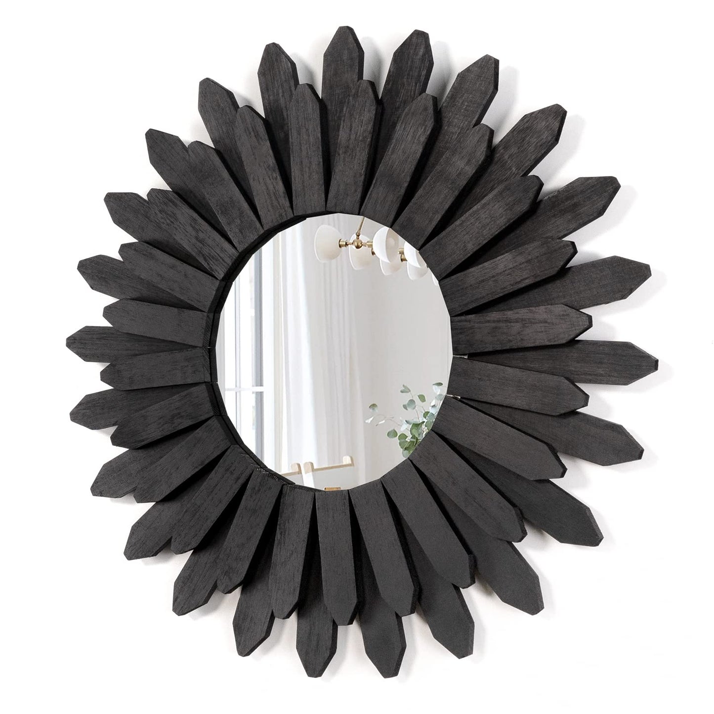 Honiway Wall Mirror Decorative 12 inch Rustic Wood Mirror Sunburst Boho Mirror for Entryway Bedroom Living Room Bathroom House Warming Gifts New Home Essential Carbonized Black