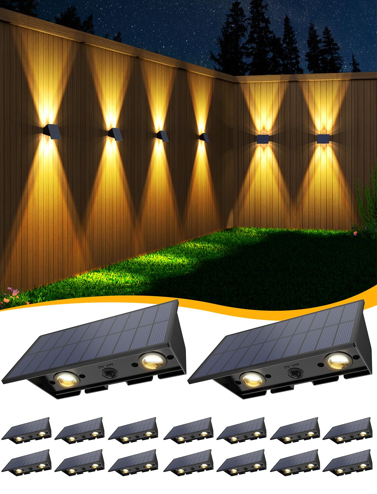 Solar Fence Lights,6Pack Solar Lights Outdoor Warm White + RGB Up & Down Waterproof 100 Lumens Dusk to Dawn Large Solar Wall Lights for Backyard/Pool/Railing/Patio/Porch/Step/Wall