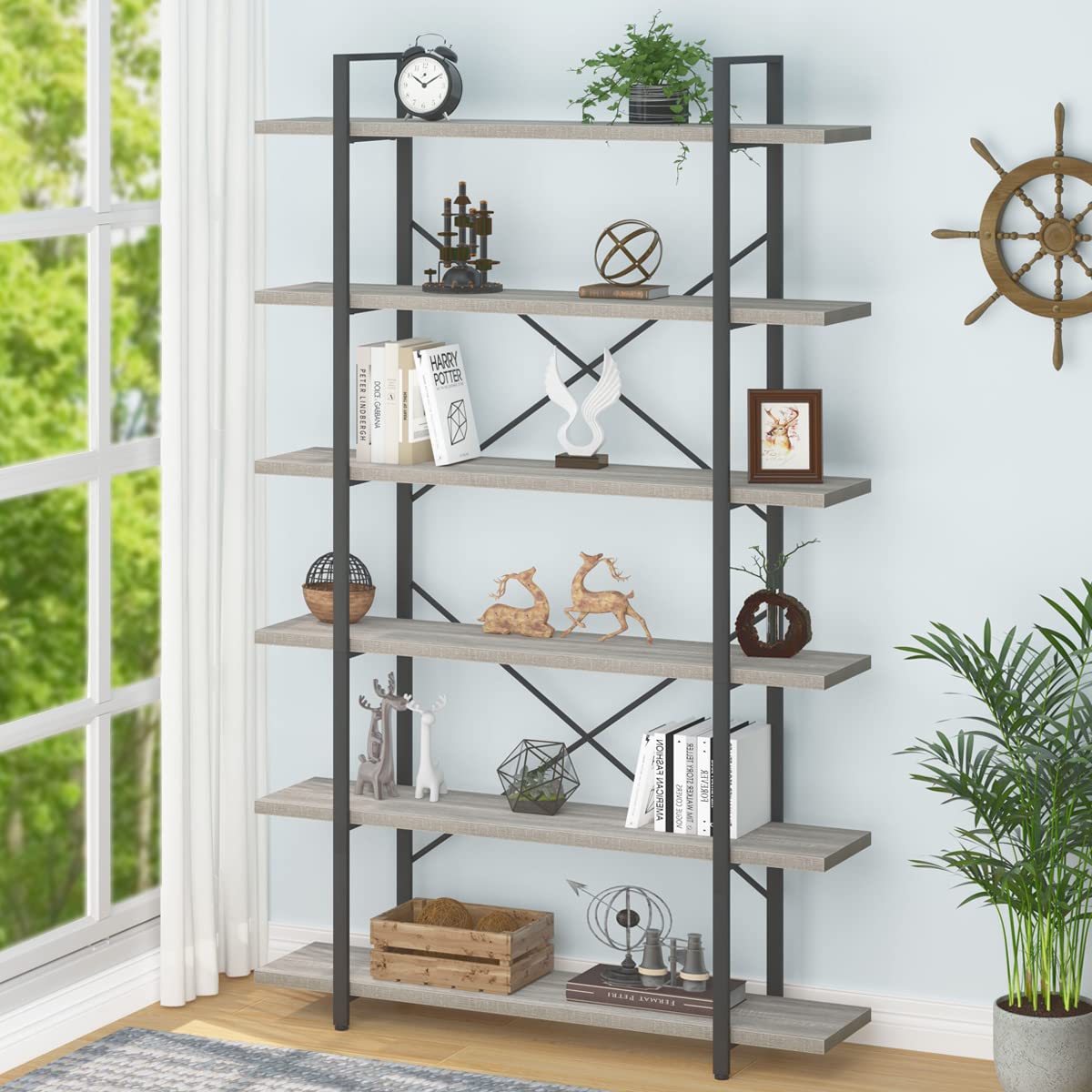 HSH Tall Bookcases and Book Shelves 6 Shelf, Metal Wooden Book Shelf and Storage Rack, Modern Etagere 6 Tier Bookshelf, Farmhouse Large Display Bookshelves for Bedroom Living Room Office, Rustic Oak