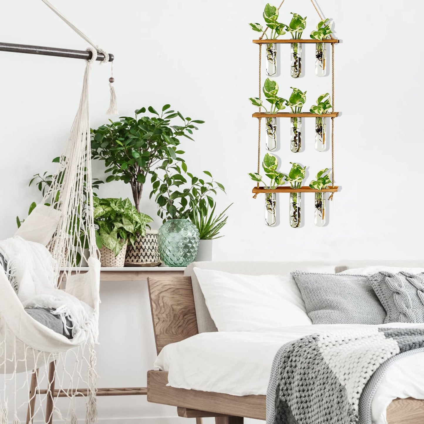 Wall Hanging Propagation Station with Wooden Stand 5 Glass Test Tubes 3 Tiered Planters Wall Terrarium