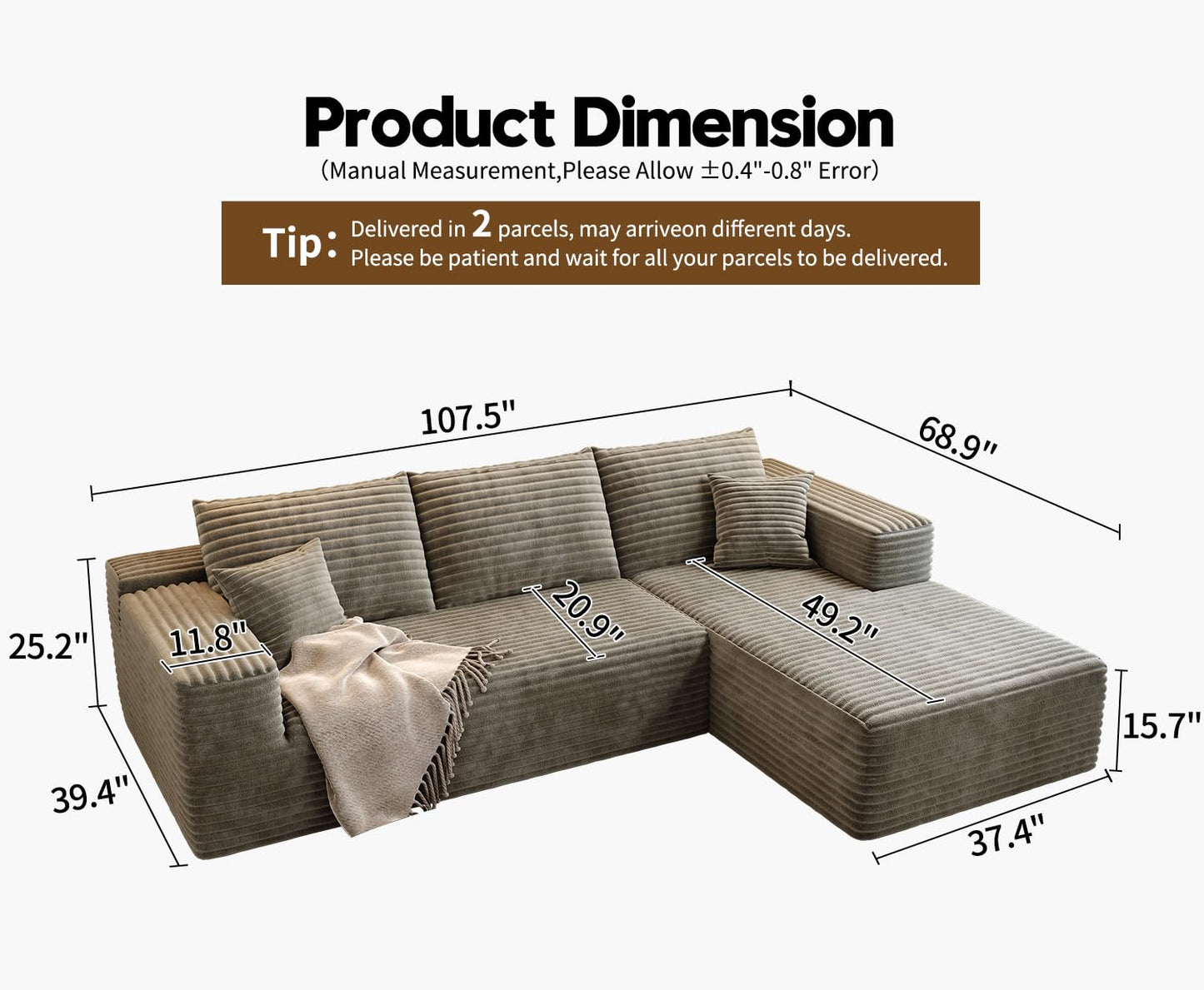 107.5" Cloud Modular Sectional Sofa with 1 Ottoman,Modern Minimalist Upholstered Couches, Comfort U Shaped Sofa for Living Room,Deep Seat Corner Couch,No Assembly Required (Black,Left Facing Chaise)
