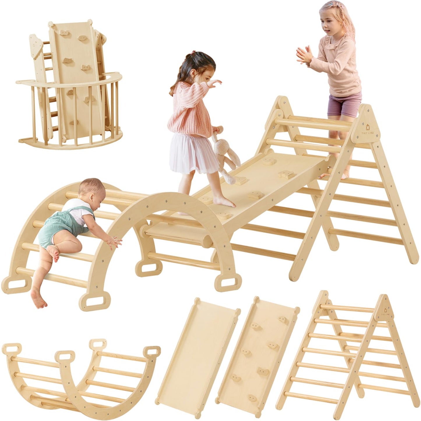 7-in-1 Foldable Pikler Triangle Climbing Toys Set for Kids,Baby Indoor Playground Wooden Montessori Climbing Set for Toddler (Natural)