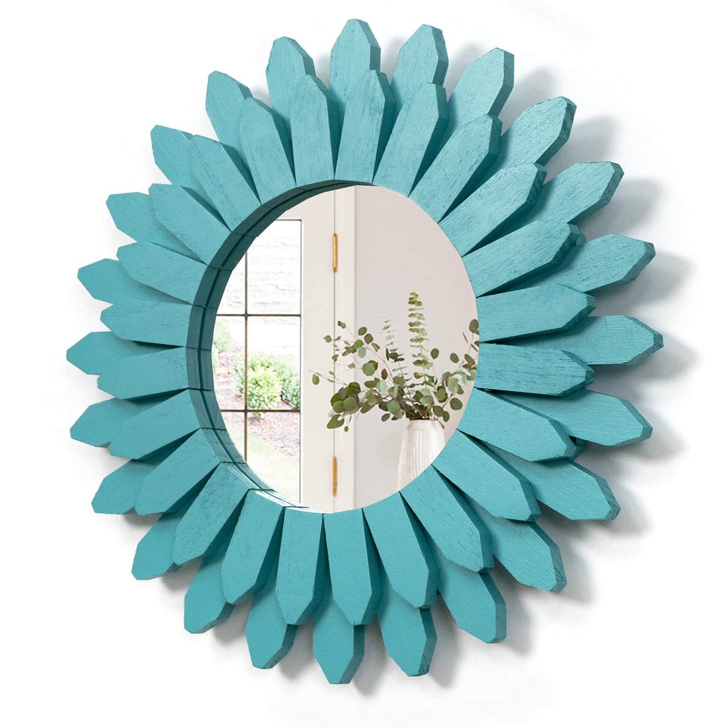 Honiway Wall Mirror Decorative 12 inch Rustic Wood Mirror Sunburst Boho Mirror for Entryway Bedroom Living Room Bathroom House Warming Gifts New Home Essential Carbonized Black