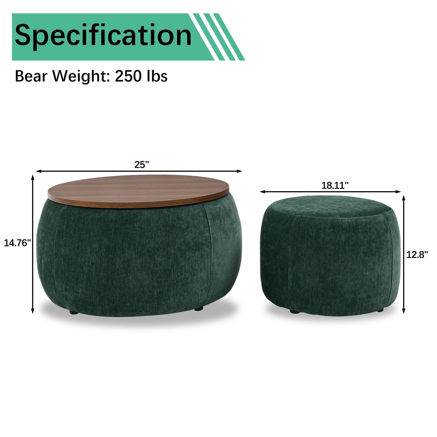 2-Piece Set Round Chenille Storage Ottoman, Equipped with a Drum Shaped Small Stool, Storage Space