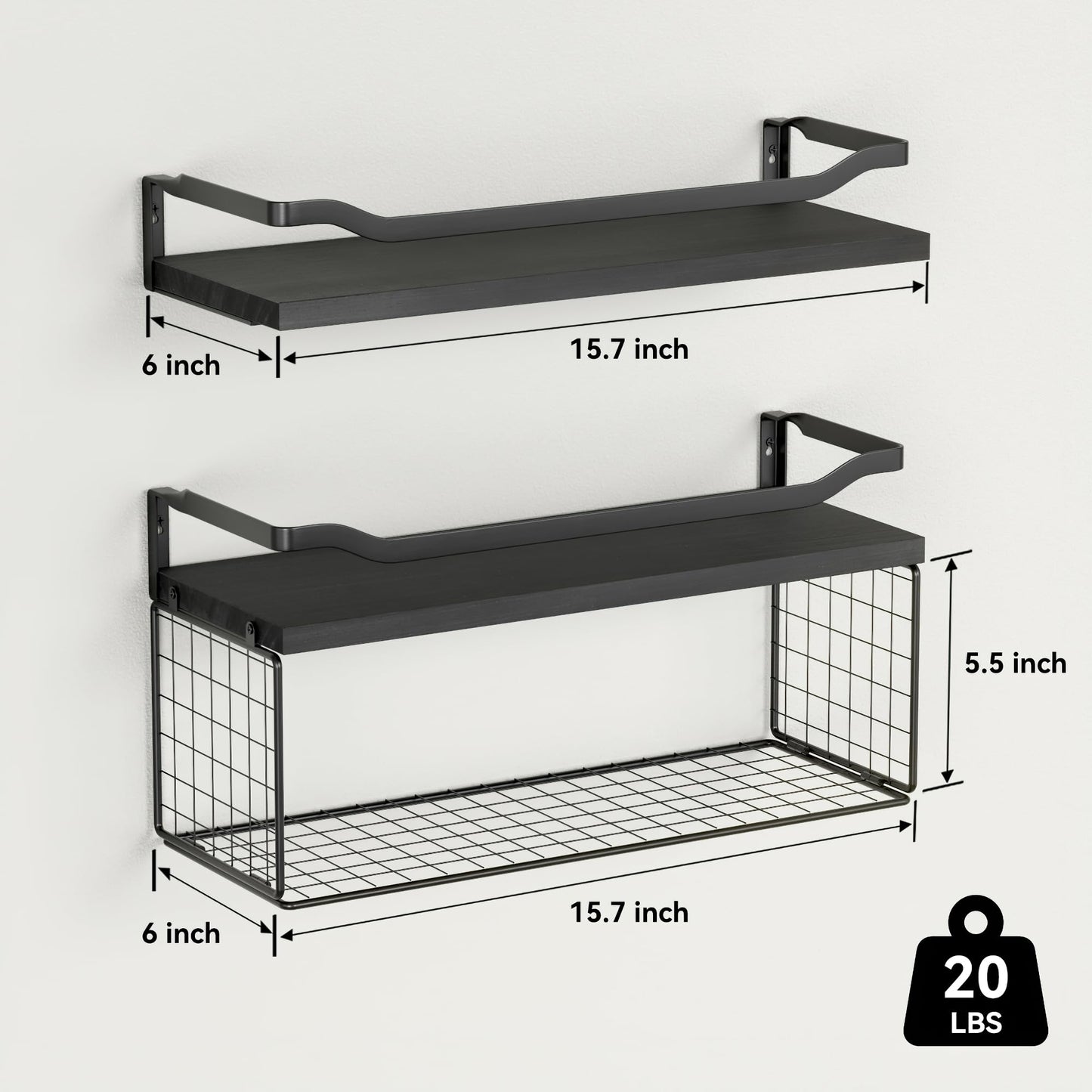 Floating Shelves with Wire Storage Basket, Bathroom Shelves Over Toilet with Protective Metal Guardrail, Wood Wall Shelves for Bathroom, Bedroom, Living Room, Toilet Paper-Black