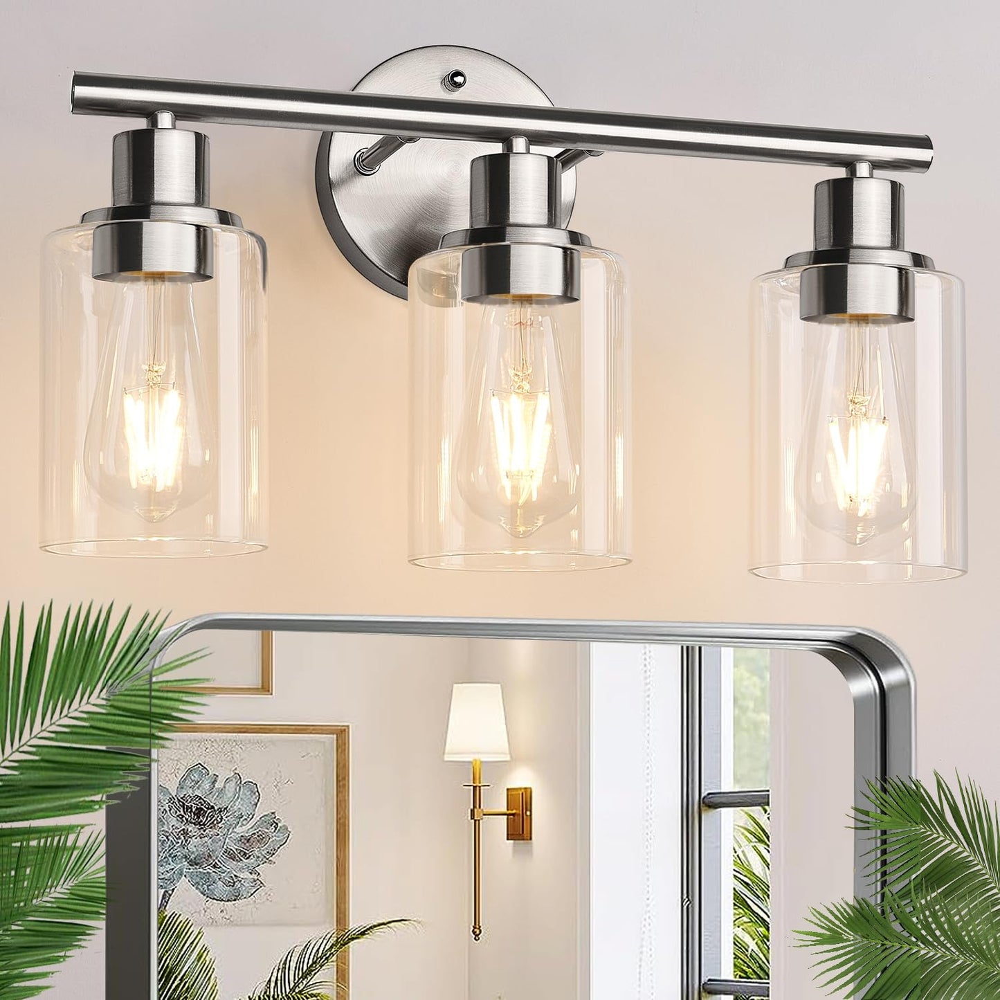 3-Light Bathroom Light Fixtures, Black Modern Vanity Lights with Clear Glass Shade, Bathroom Wall Lamp