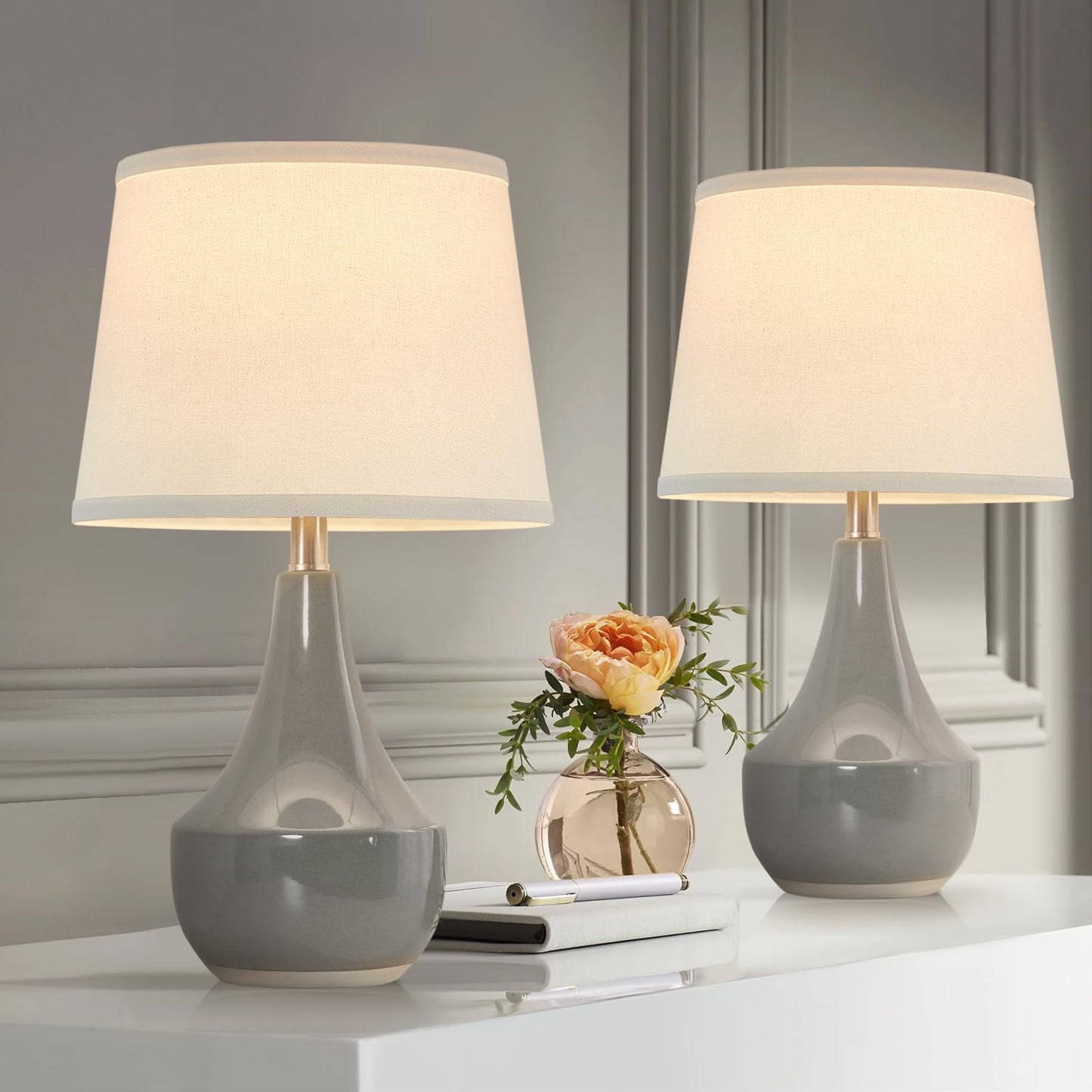 GyroVu Table Lamp Set of 2, 18.63” Ceramic Table Lamp Classic Beside Lamps Nightstand Lamp Modern Lamp for Living Room, Bedroom & Office Rocker Swtich Sage Green-LED Bulbs Included