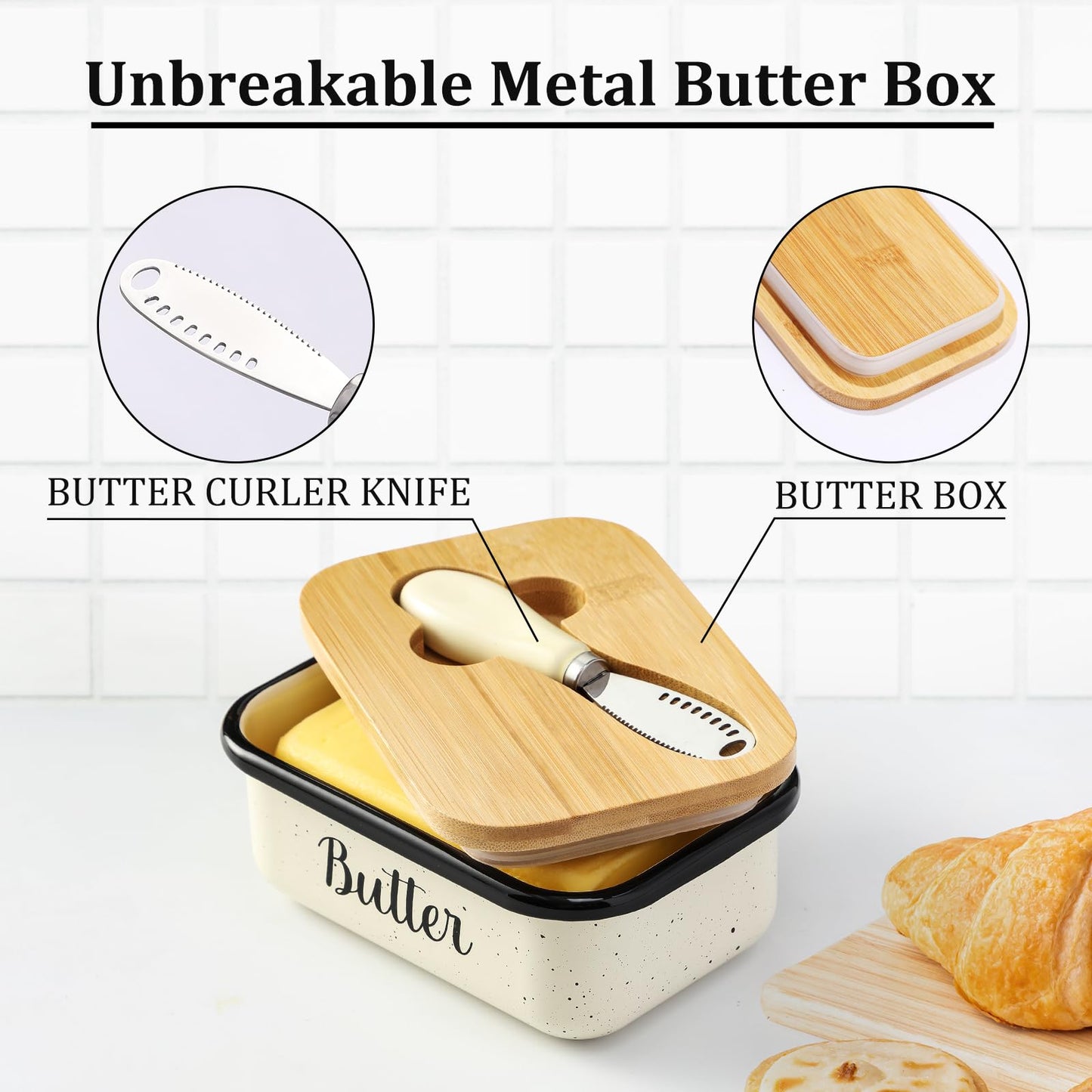 Butter Dish with Lid and Butter Curler Knife - Unbreakable Stainless Steel Keeper Container with Double Silicone Sealing, for Kitchen Farmhouse Decor