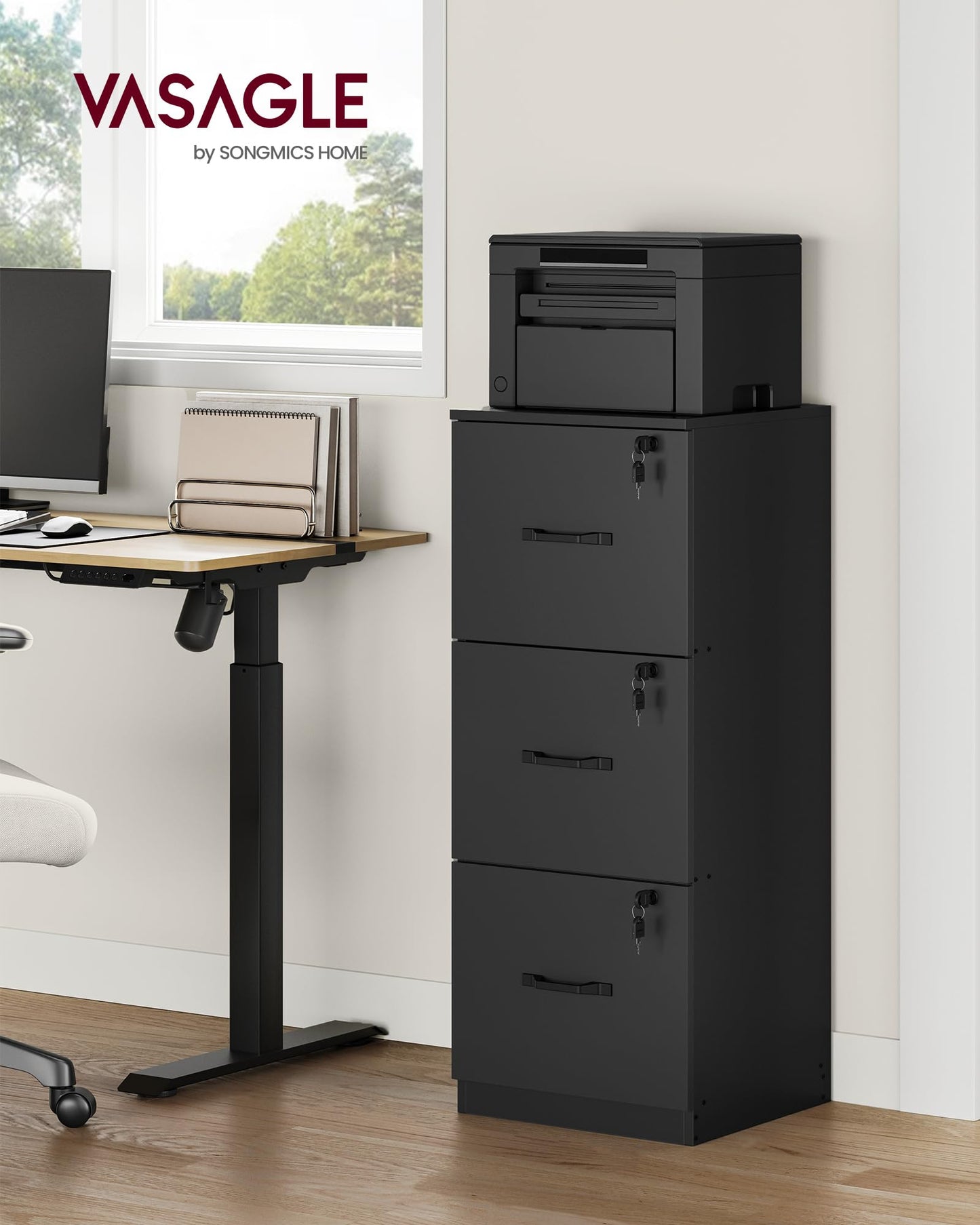 VASAGLE 3-Drawer Vertical File Cabinet, Rustic Brown and Black, for Home Office and Bedroom, A4 and Letter-Size Files, Lockable Drawers