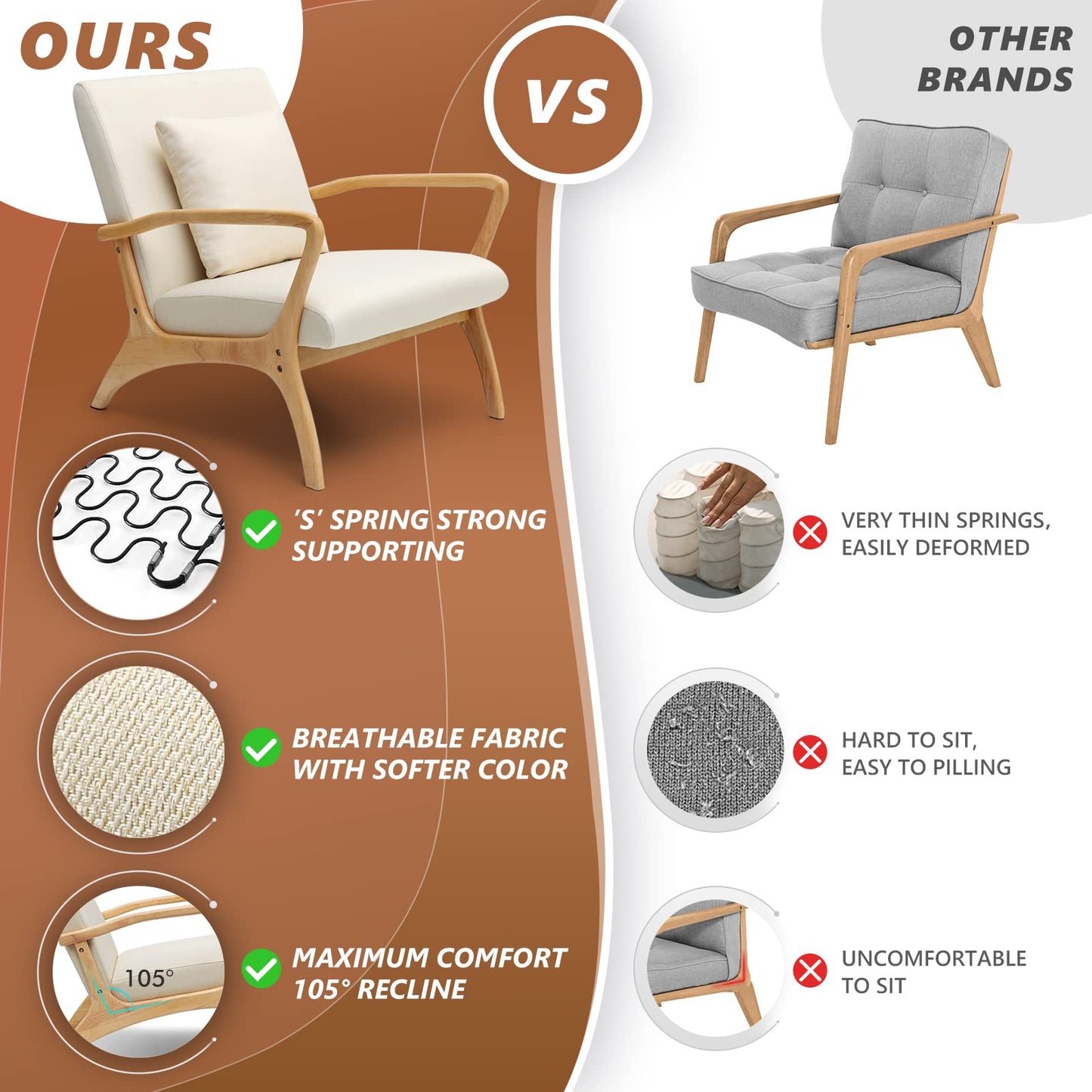 ELUCHANG Mid-Century Modern Accent Chair With Lumbar Pillow, Upholstered Armchair