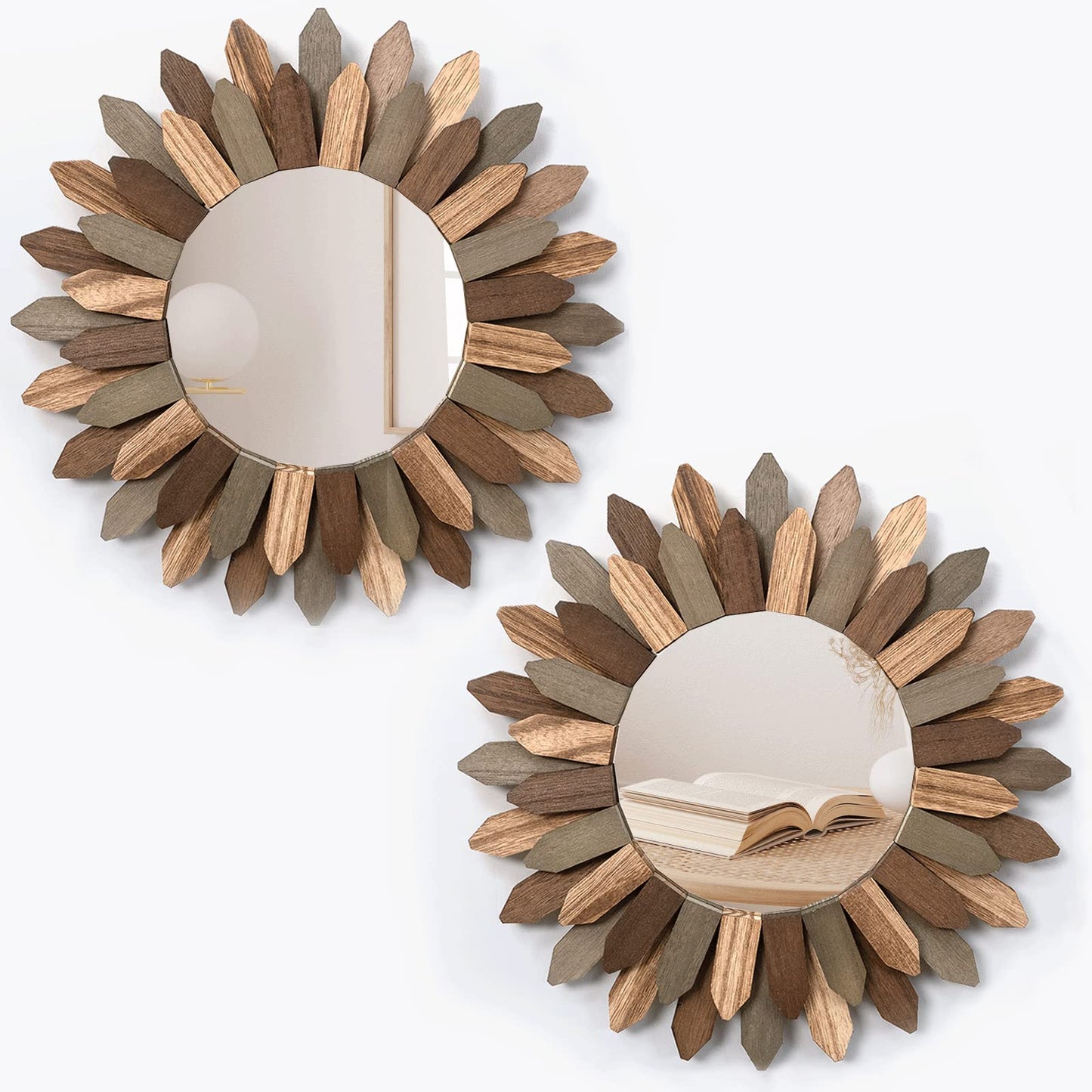 Honiway Wall Mirror Decorative 12 inch Rustic Wood Mirror Sunburst Boho Mirror for Entryway Bedroom Living Room Bathroom House Warming Gifts New Home Essential Carbonized Black