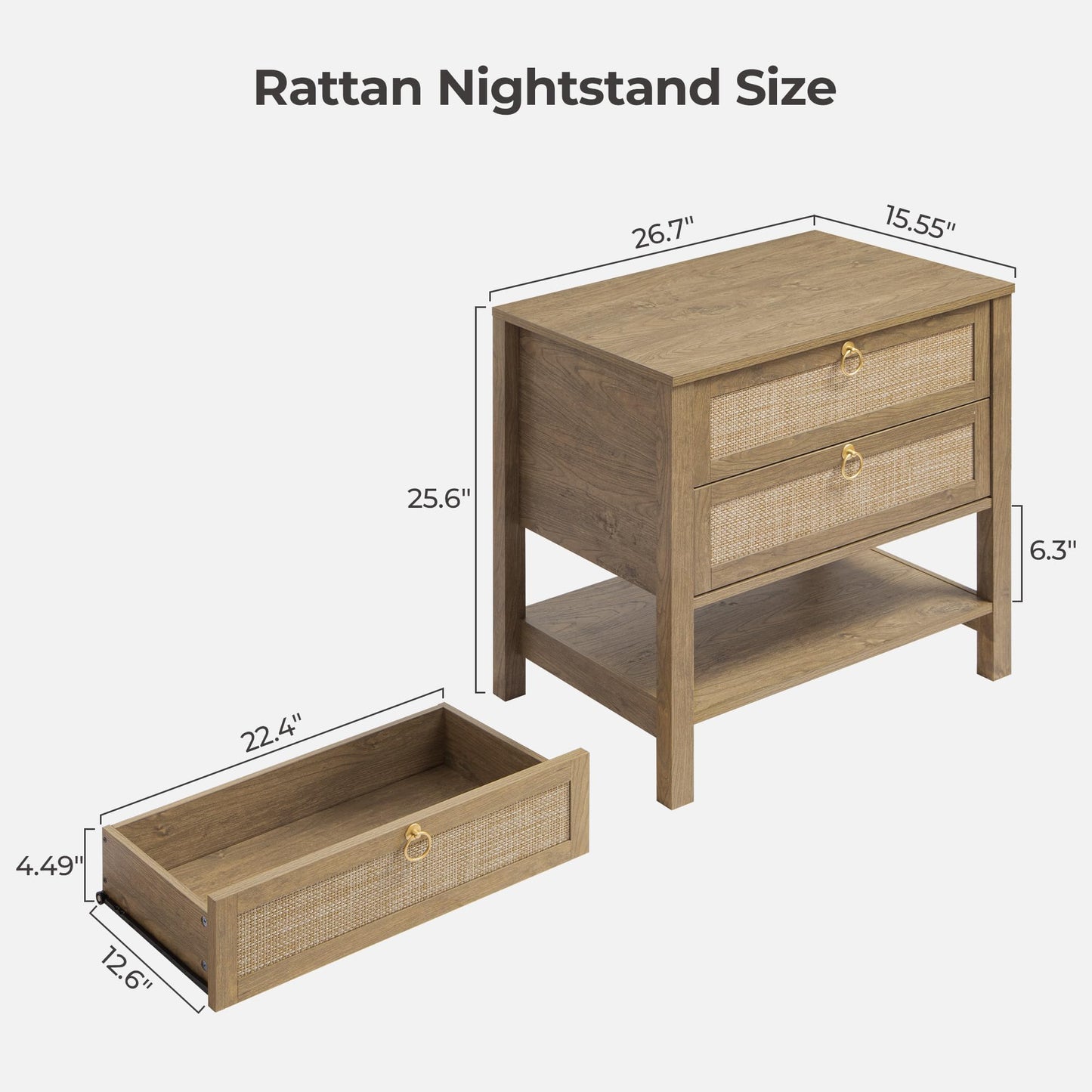 SICOTAS Night Stand Set of 2, Large Nightstand with Drawers and Storage Shelf - Rattan Boho Bedside Table Narrow Side Table for Bedroom, Small Space