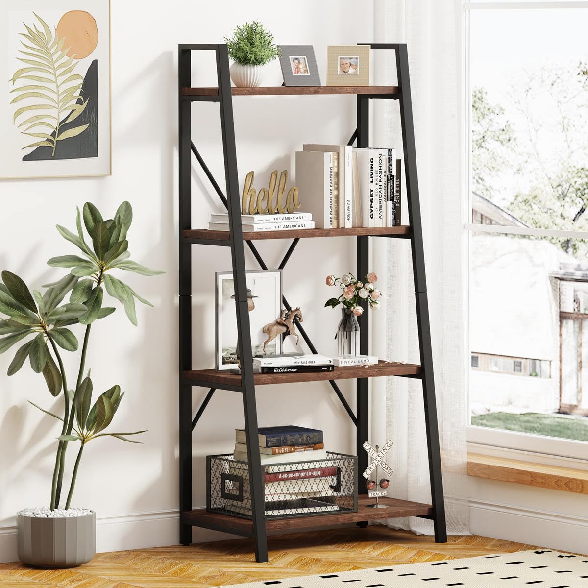 BON AUGURE Ladder Bookshelf, 4 Tier Ladder Shelf Bookcase, Wood Leaning Book Shelves for Living Room, Bedroom, Home Office Shelving Unit (Dark Grey Oak)