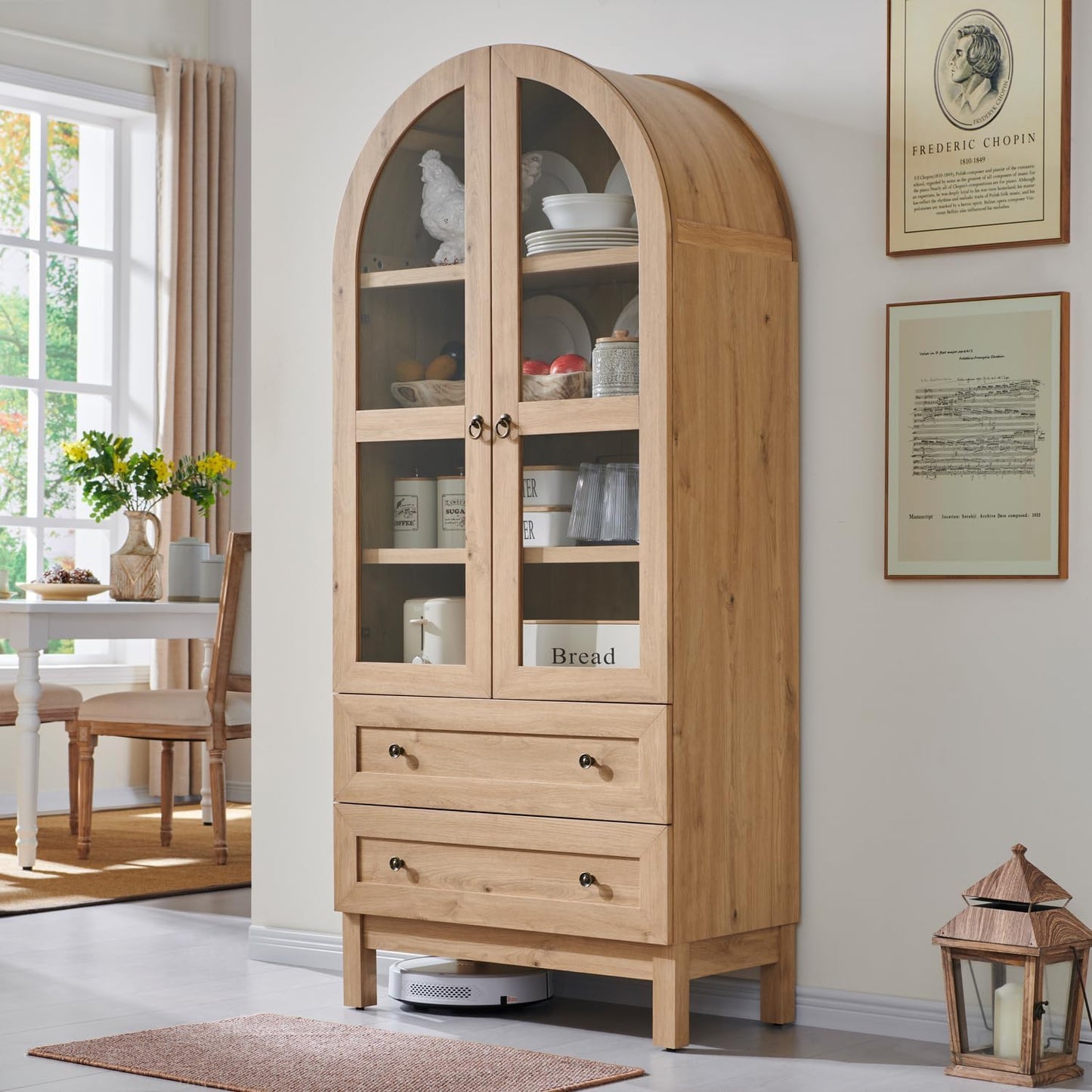 71" Tall Arched Kitchen Pantry, Modern Farmhouse Wood Kitchens Storage Cabinets with 2 Large Drawers and Adjustable Shelves