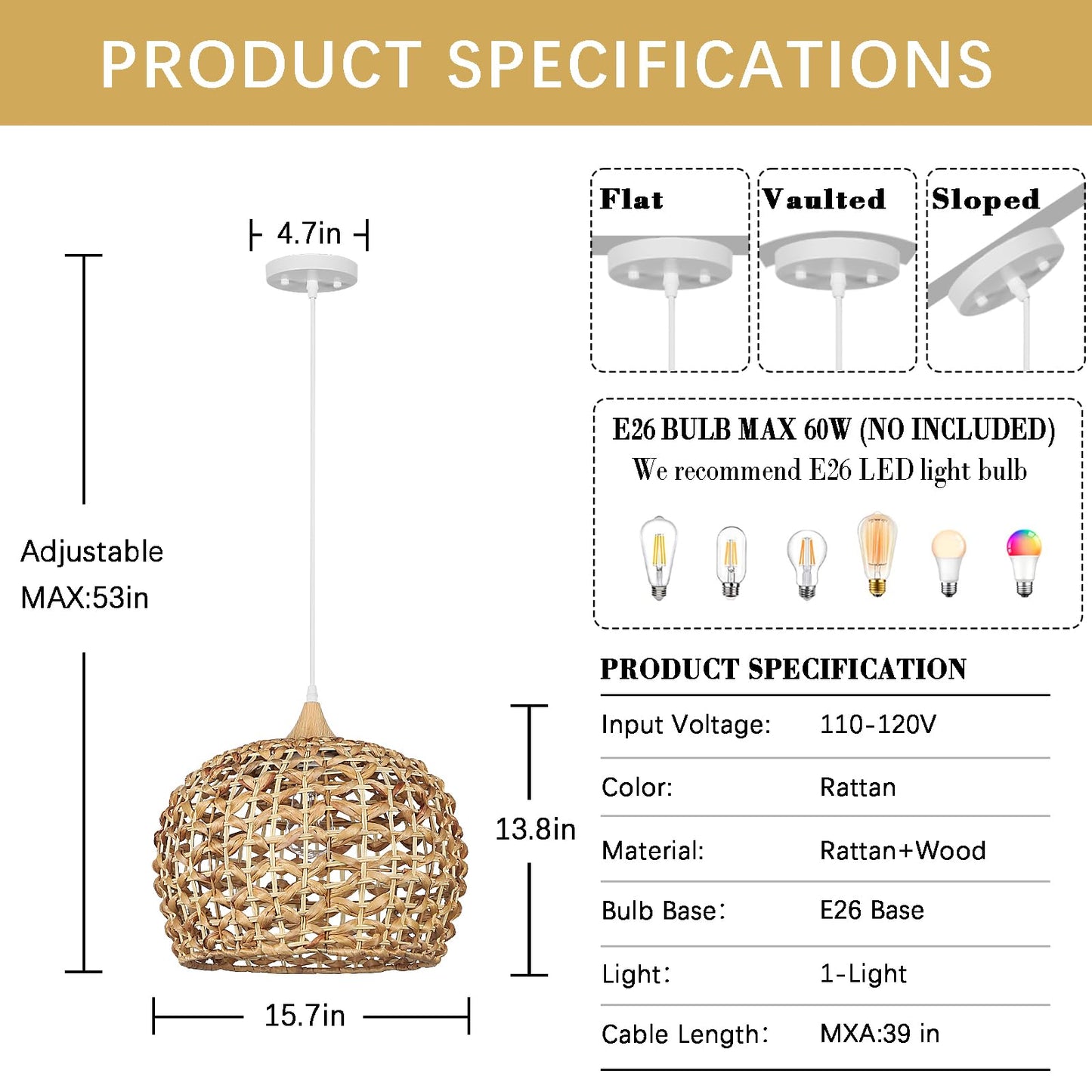 Rattan Pendant Lights, Large Wicker Chandelier Hand-Woven Boho Pendant Light Rattan Basket Hanging Light