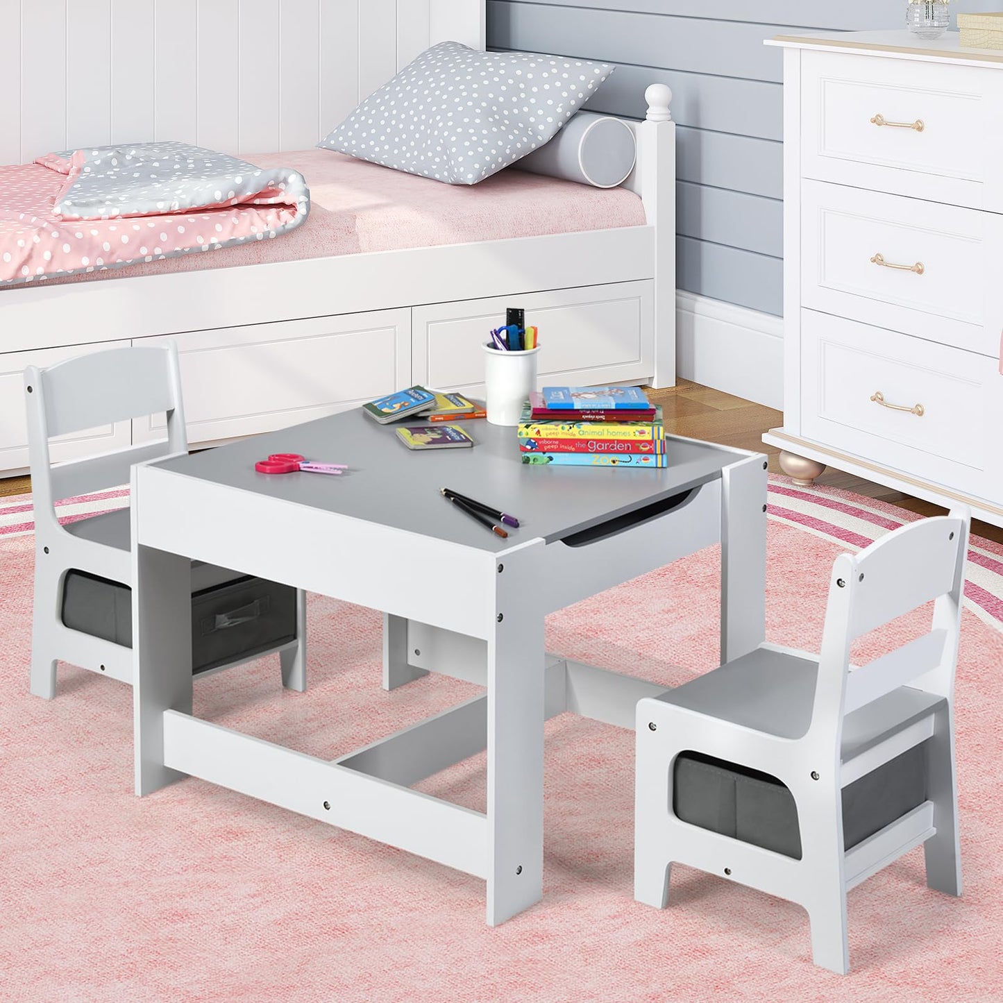 Costzon Kids Table and Chairs, 4 in 1 Wooden Activity Desk Set w/Reversible Tabletop, Bookshelves & Storage Drawers for Drawing, Reading, Crafts, Playing, Toddler Table and Chair Set