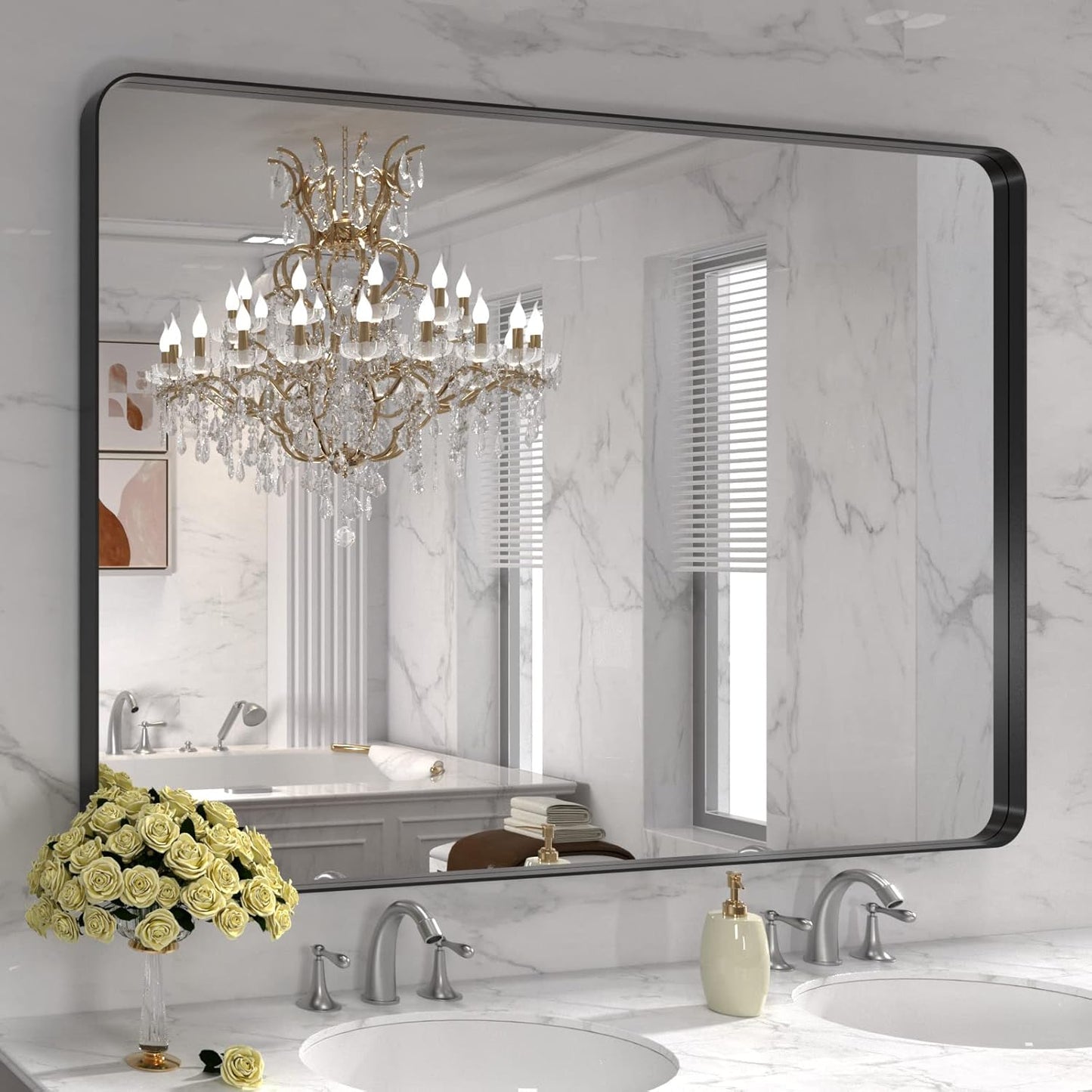 LOAAO Black Metal Framed Bathroom Mirror for Wall, 24X36 Inch Rounded Rectangle Mirror, Matte Black Bathroom Vanity Mirror Farmhouse, Anti-Rust, Hangs Horizontally or Vertically