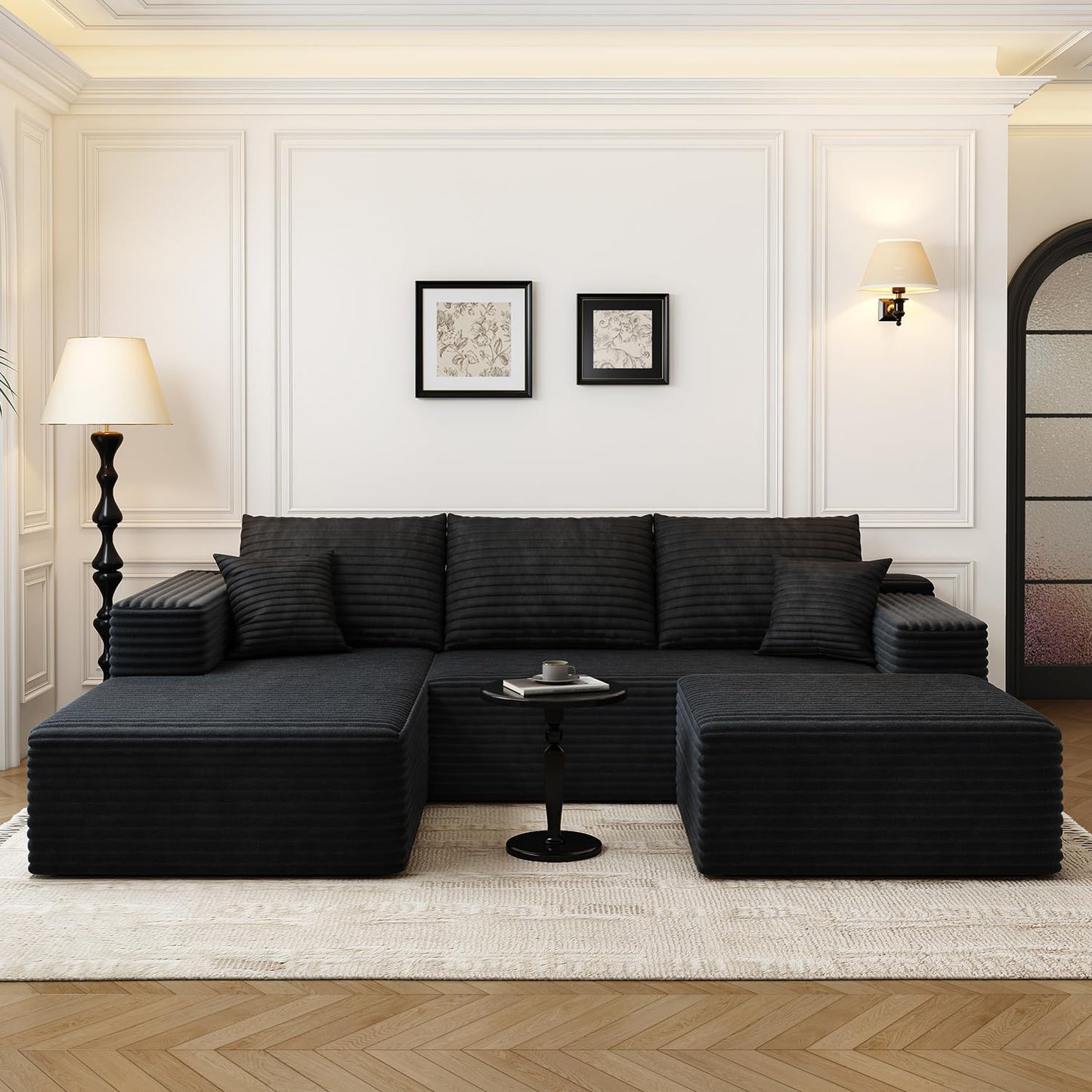 107.5" Cloud Modular Sectional Sofa with 1 Ottoman,Modern Minimalist Upholstered Couches, Comfort U Shaped Sofa for Living Room,Deep Seat Corner Couch,No Assembly Required (Black,Left Facing Chaise)