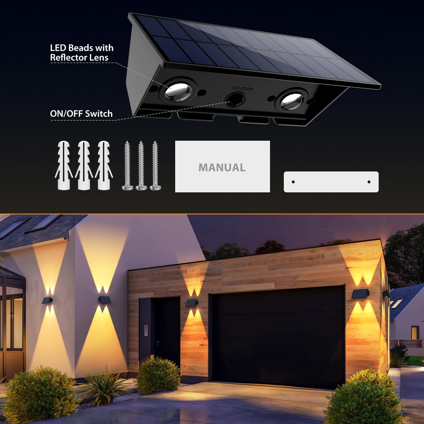 Solar Fence Lights,6Pack Solar Lights Outdoor Warm White + RGB Up & Down Waterproof 100 Lumens Dusk to Dawn Large Solar Wall Lights for Backyard/Pool/Railing/Patio/Porch/Step/Wall