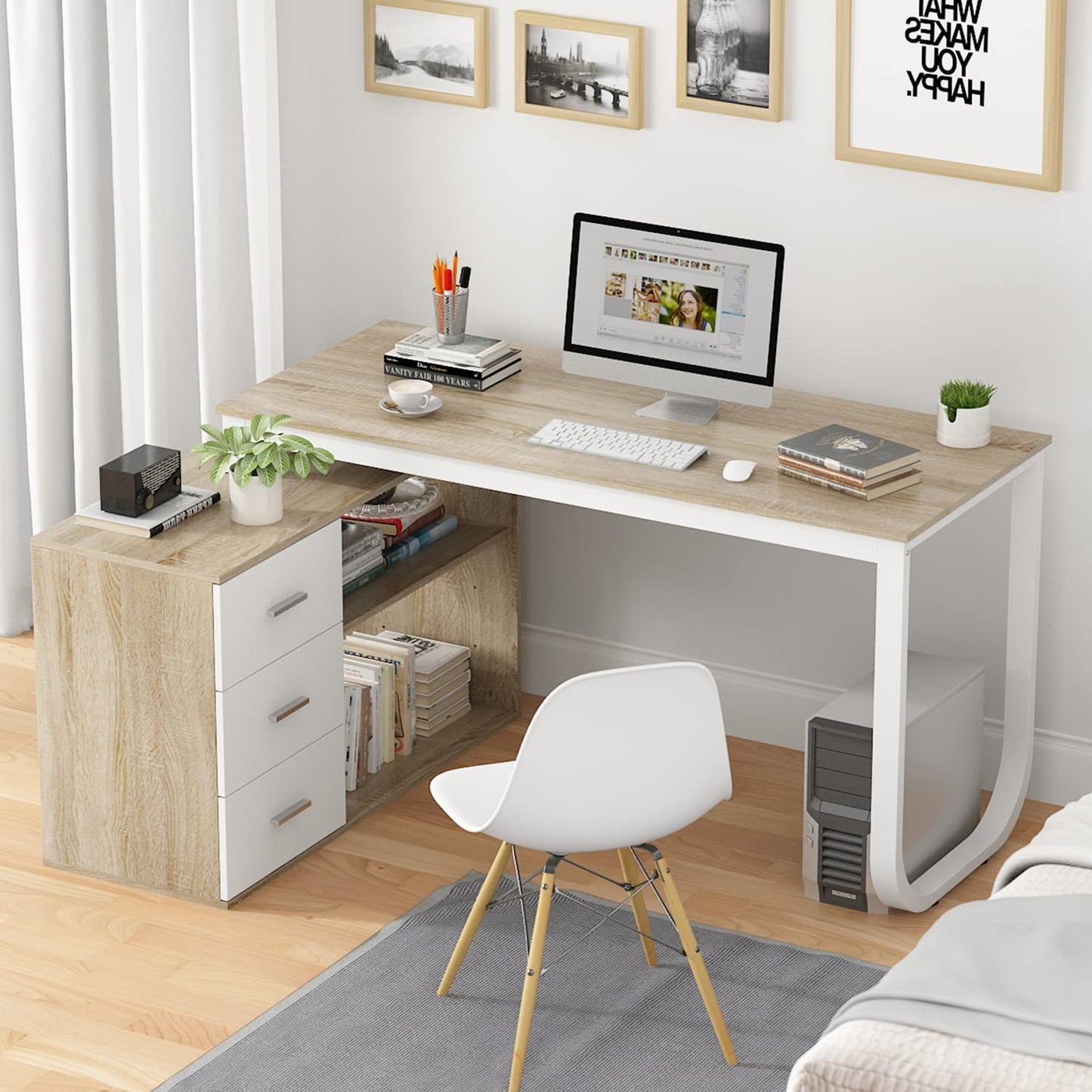 Homsee Home Office Computer Desk Corner Desk with 3 Drawers, 2 Shelves & 2 Doors, 55 Inch Large L-Shaped Study Writing Table with Storage Cabinet, Black & Brown