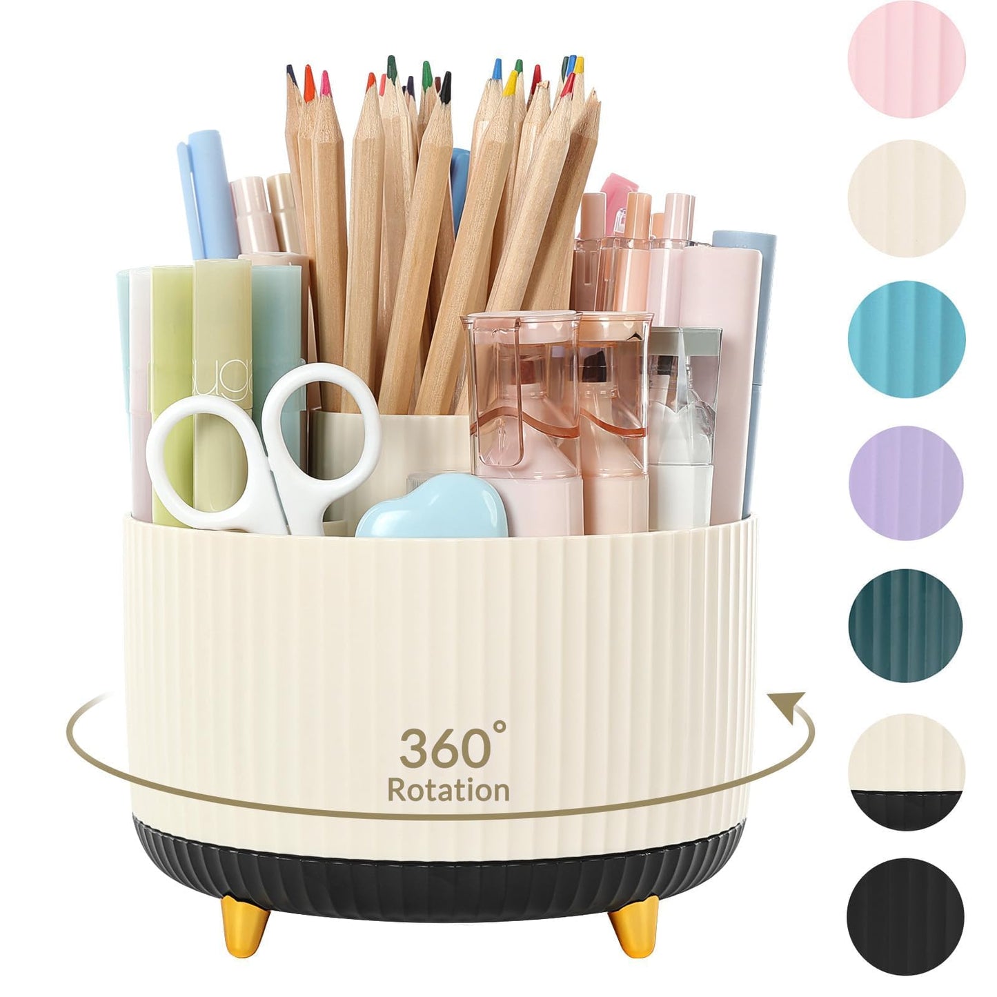 SKYDUE 360 Rotating Plastic Desk Pen Organizer with 5 Slots, Dual-Purpose Art Supply Pencil Cup for Office, School, Home