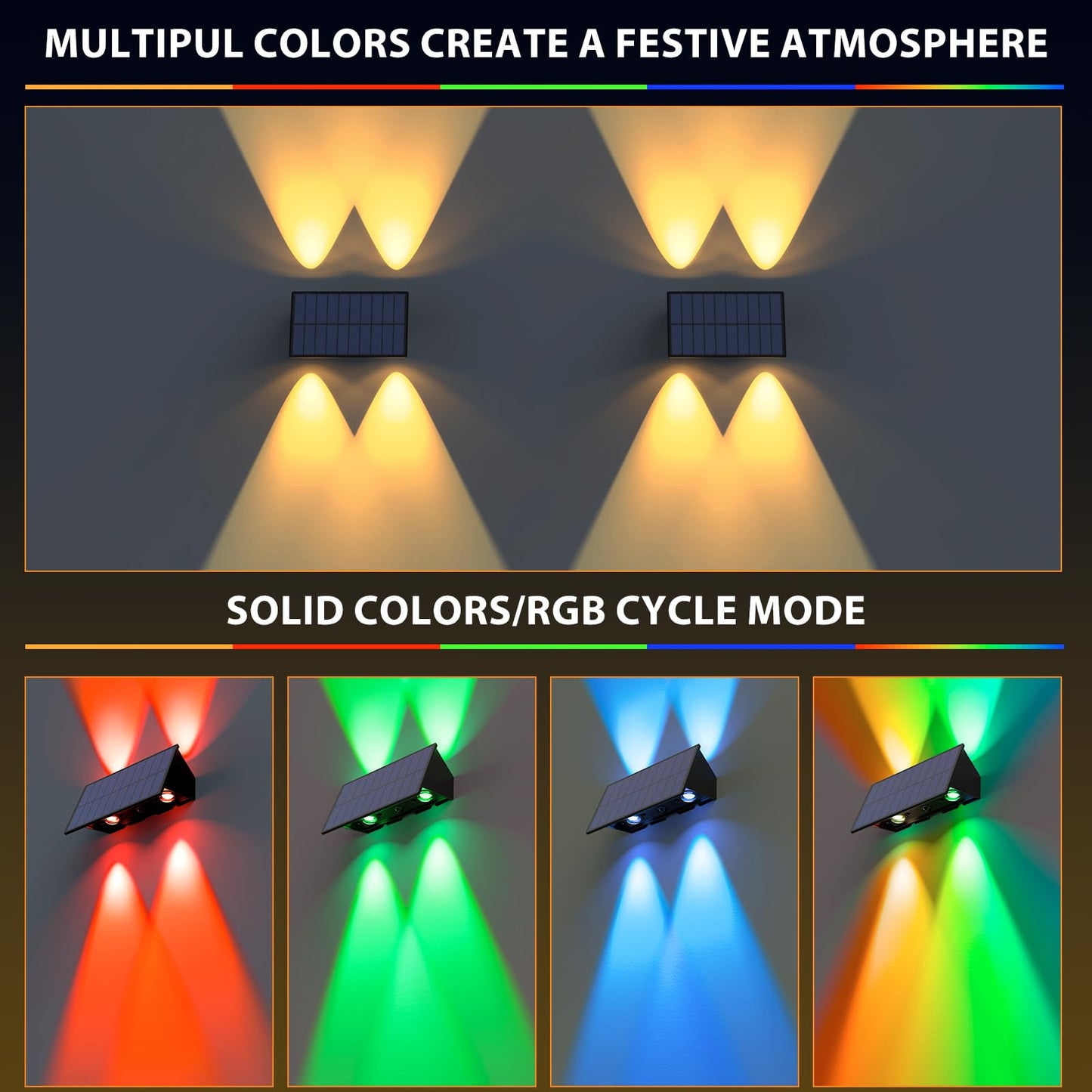 Solar Fence Lights,6Pack Solar Lights Outdoor Warm White + RGB Up & Down Waterproof 100 Lumens Dusk to Dawn Large Solar Wall Lights for Backyard/Pool/Railing/Patio/Porch/Step/Wall