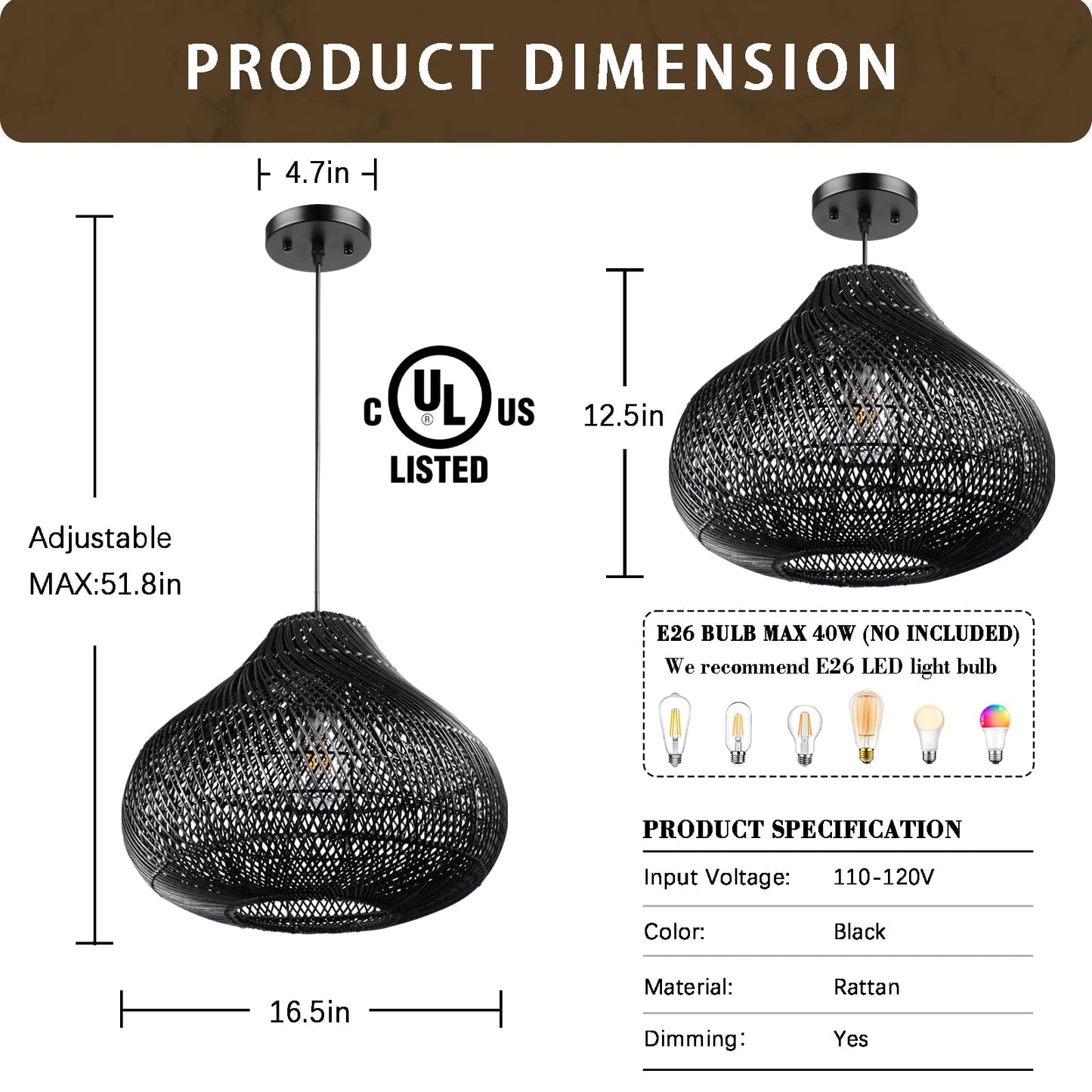 Rattan Pendant Lights, Large Wicker Chandelier Hand-Woven Boho Pendant Light Rattan Basket Hanging Light