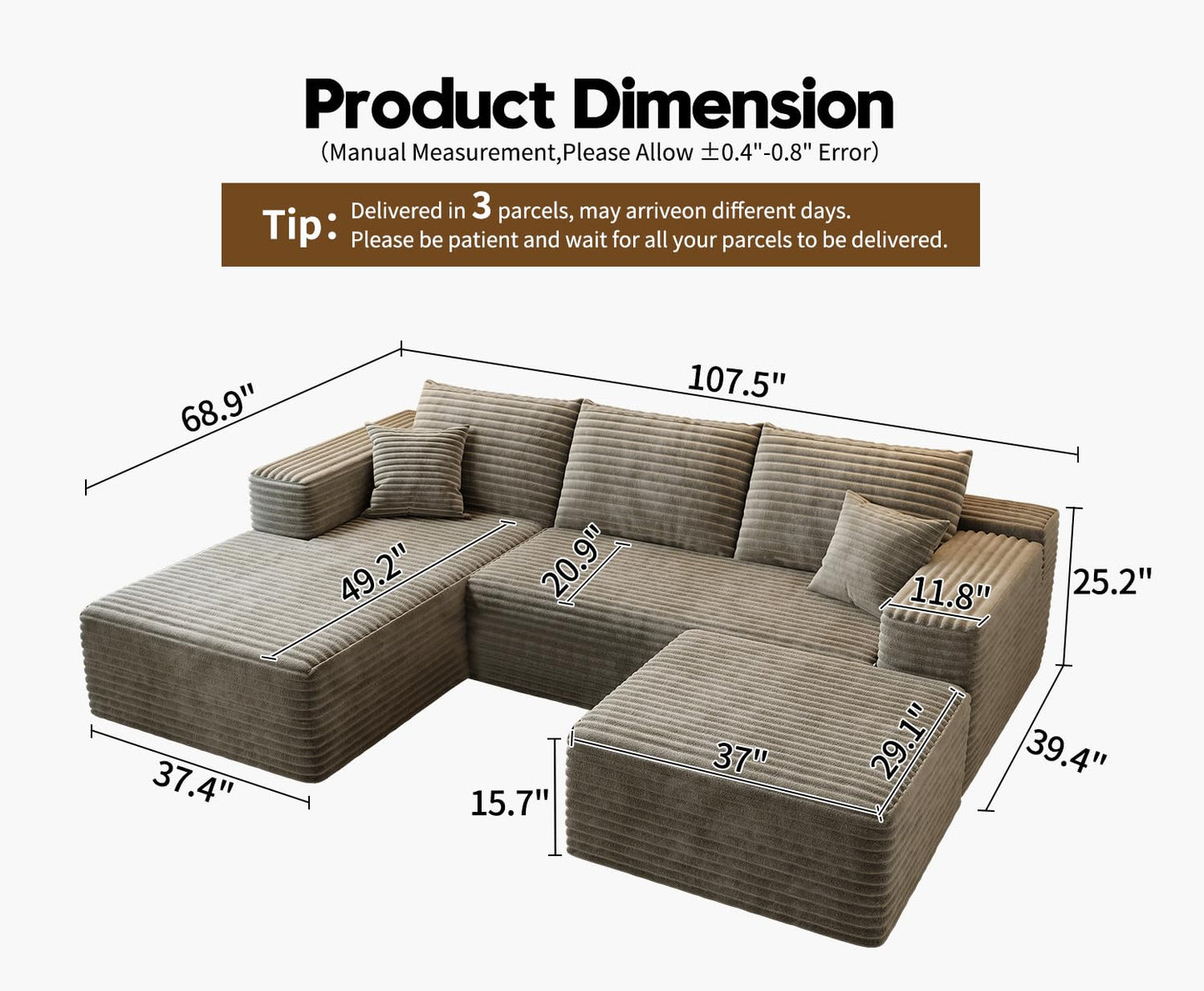 107.5" Cloud Modular Sectional Sofa with 1 Ottoman,Modern Minimalist Upholstered Couches, Comfort U Shaped Sofa for Living Room,Deep Seat Corner Couch,No Assembly Required (Black,Left Facing Chaise)