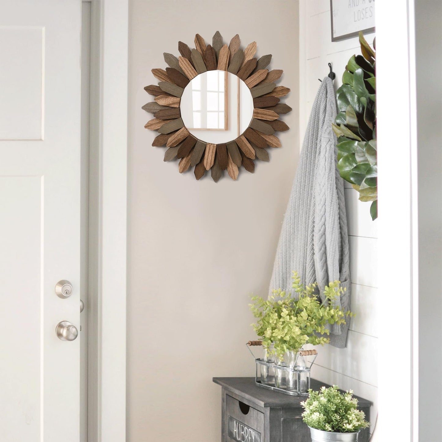 Honiway Wall Mirror Decorative 12 inch Rustic Wood Mirror Sunburst Boho Mirror for Entryway Bedroom Living Room Bathroom House Warming Gifts New Home Essential Carbonized Black