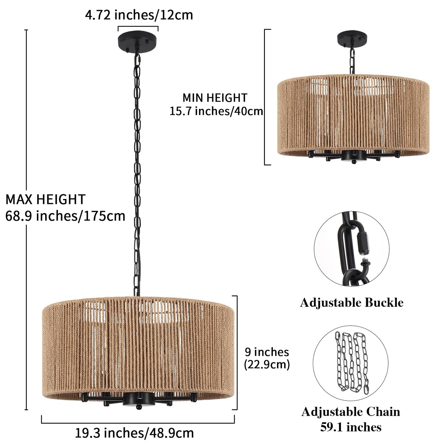 LASENCHOO 5 Lights Boho Drum Chandeliers for Dining Room Light Fixture, 19" Woven Pendant Light Fixture Hanging Bohemian Chandelier