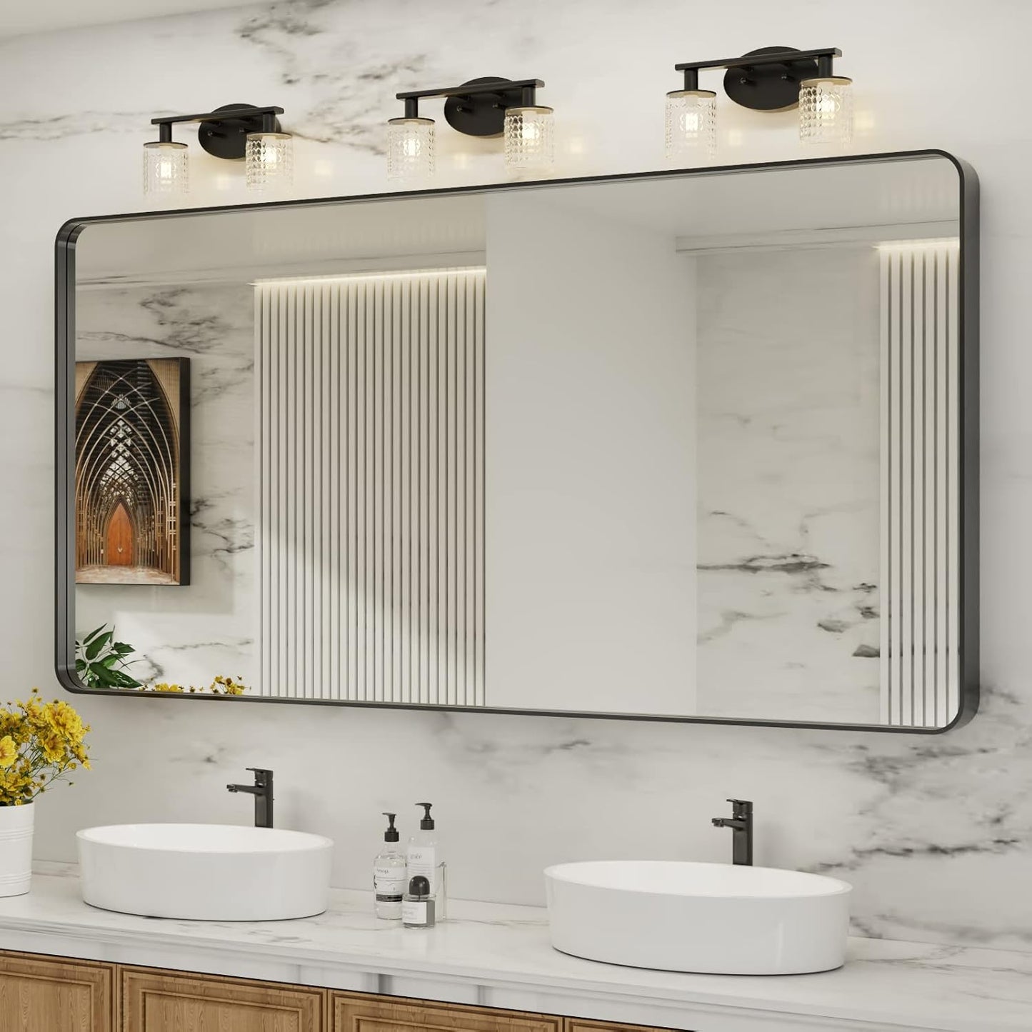 LOAAO Black Metal Framed Bathroom Mirror for Wall, 24X36 Inch Rounded Rectangle Mirror, Matte Black Bathroom Vanity Mirror Farmhouse, Anti-Rust, Hangs Horizontally or Vertically