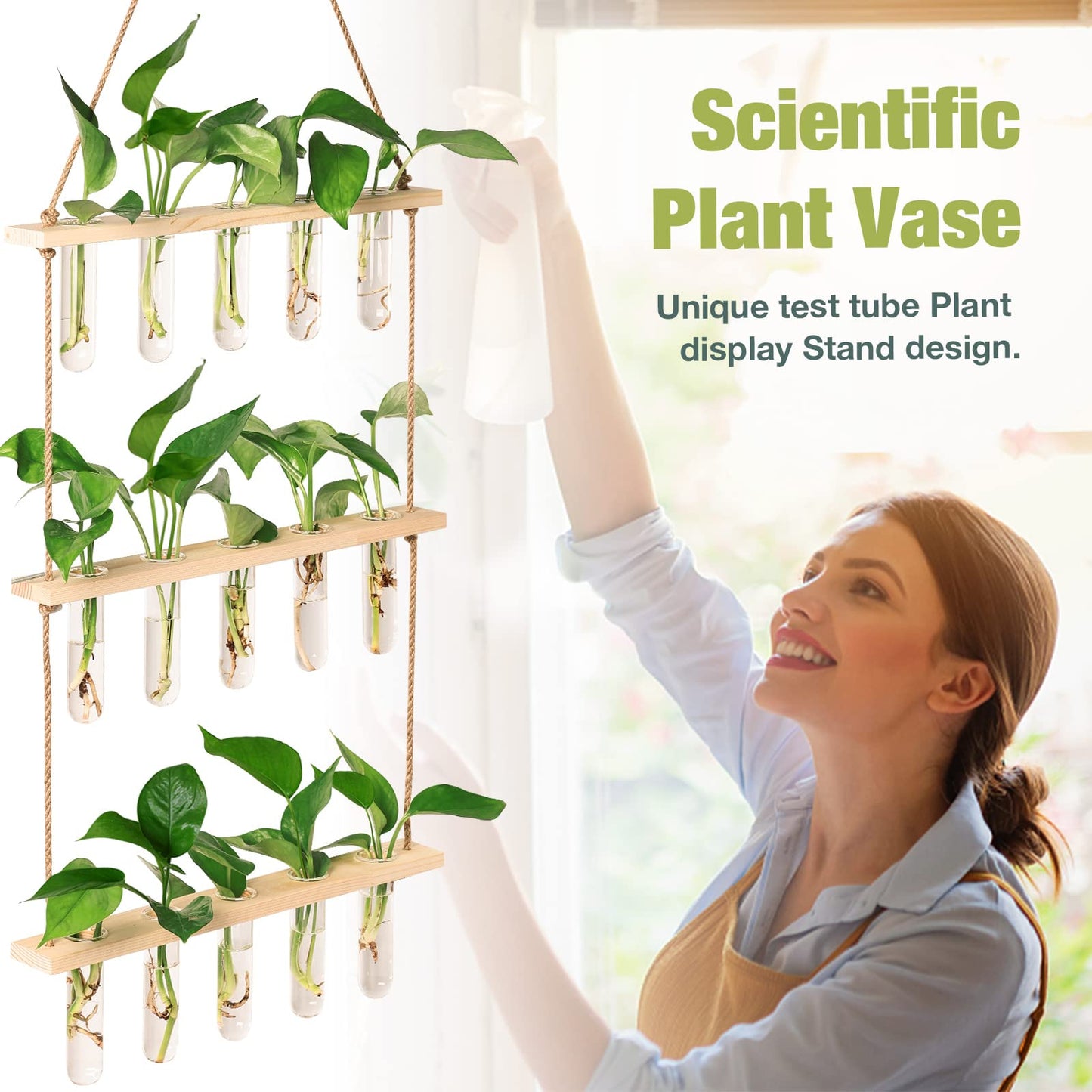 Wall Hanging Propagation Station with Wooden Stand 5 Glass Test Tubes 3 Tiered Planters Wall Terrarium