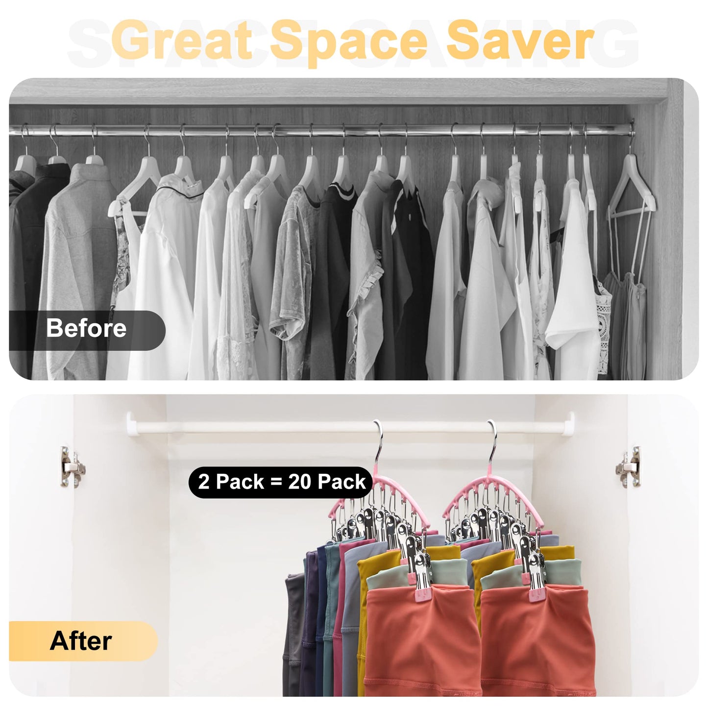 Metal Yoga Pants Hangers 2 Pack w/10 Clips Holds 20 Leggings, Space Saving Hanging Closet Organizer w/Rubber Coated Closet Organizer