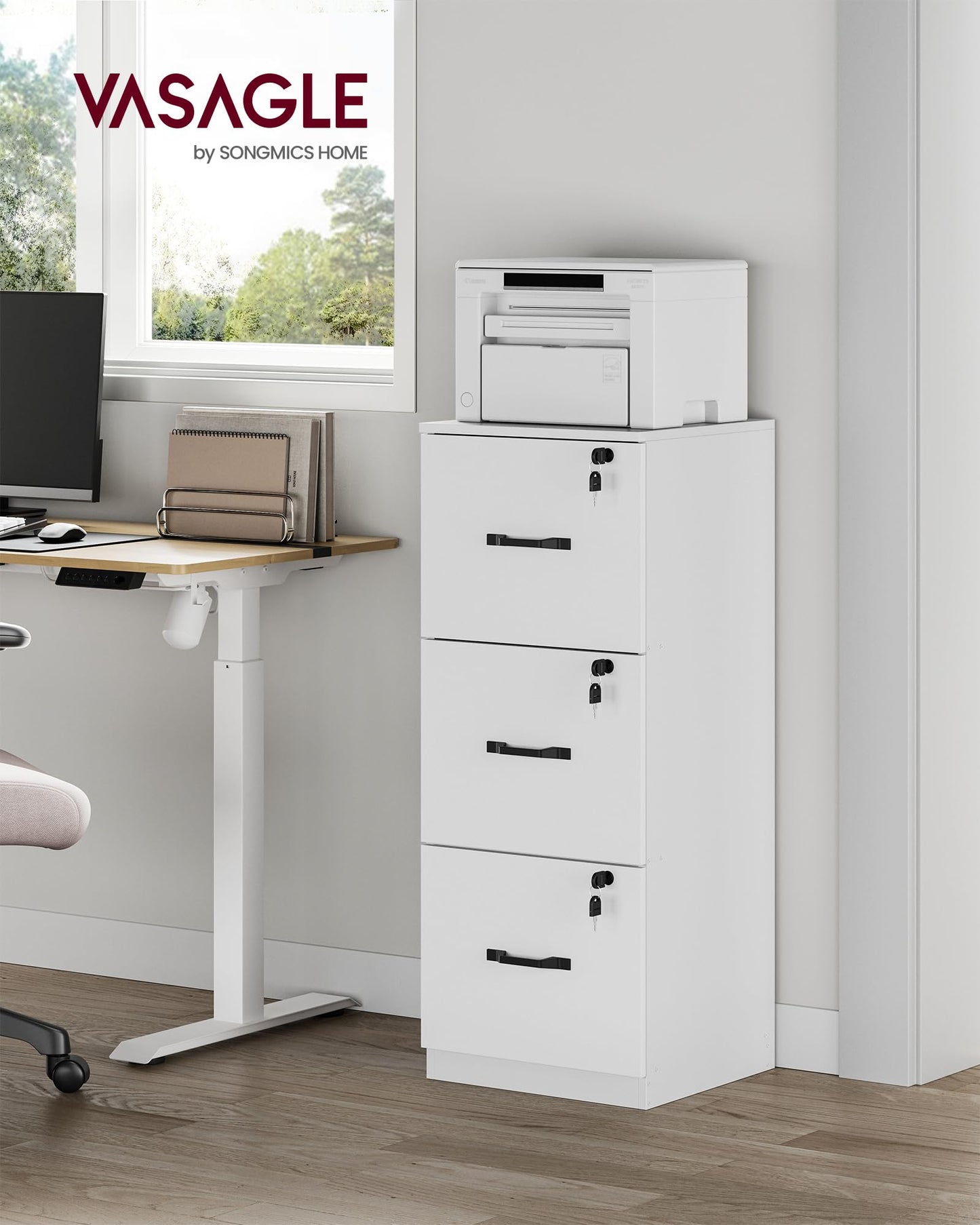 VASAGLE 3-Drawer Vertical File Cabinet, Rustic Brown and Black, for Home Office and Bedroom, A4 and Letter-Size Files, Lockable Drawers