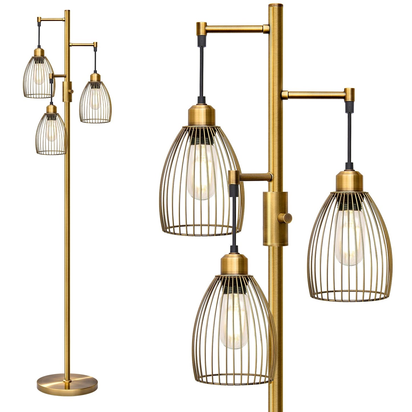 Dimmable Industrial Floor Lamps for Living Room, Gold Tree Standing Tall Lamps with 3 Elegant Teardrop Cage Head & 800 Lumens LED Bulbs
